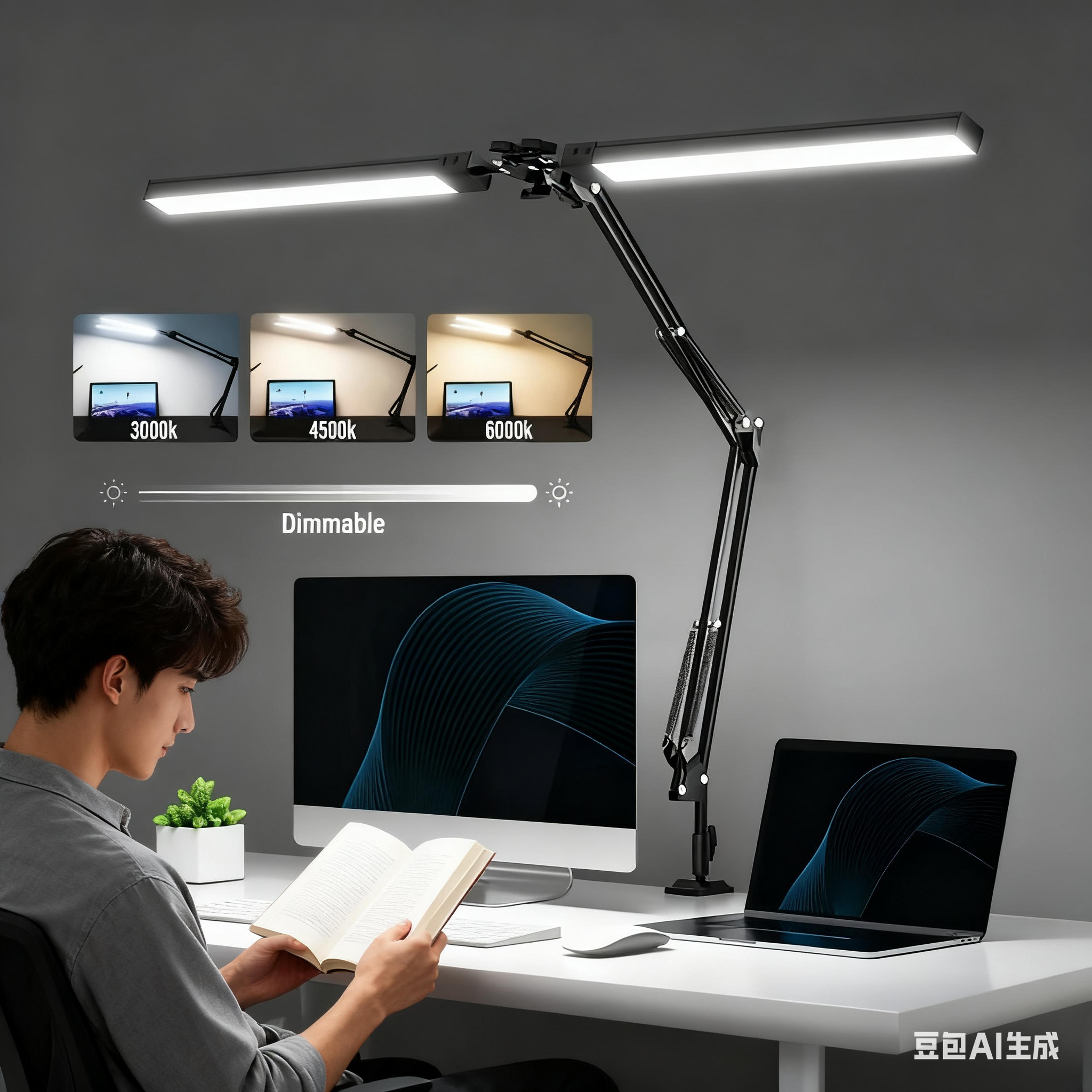 LED Desk Lamp With Clamp  Adjustable Dual Head Dimmable Reading Light With 3 Color Modes 7