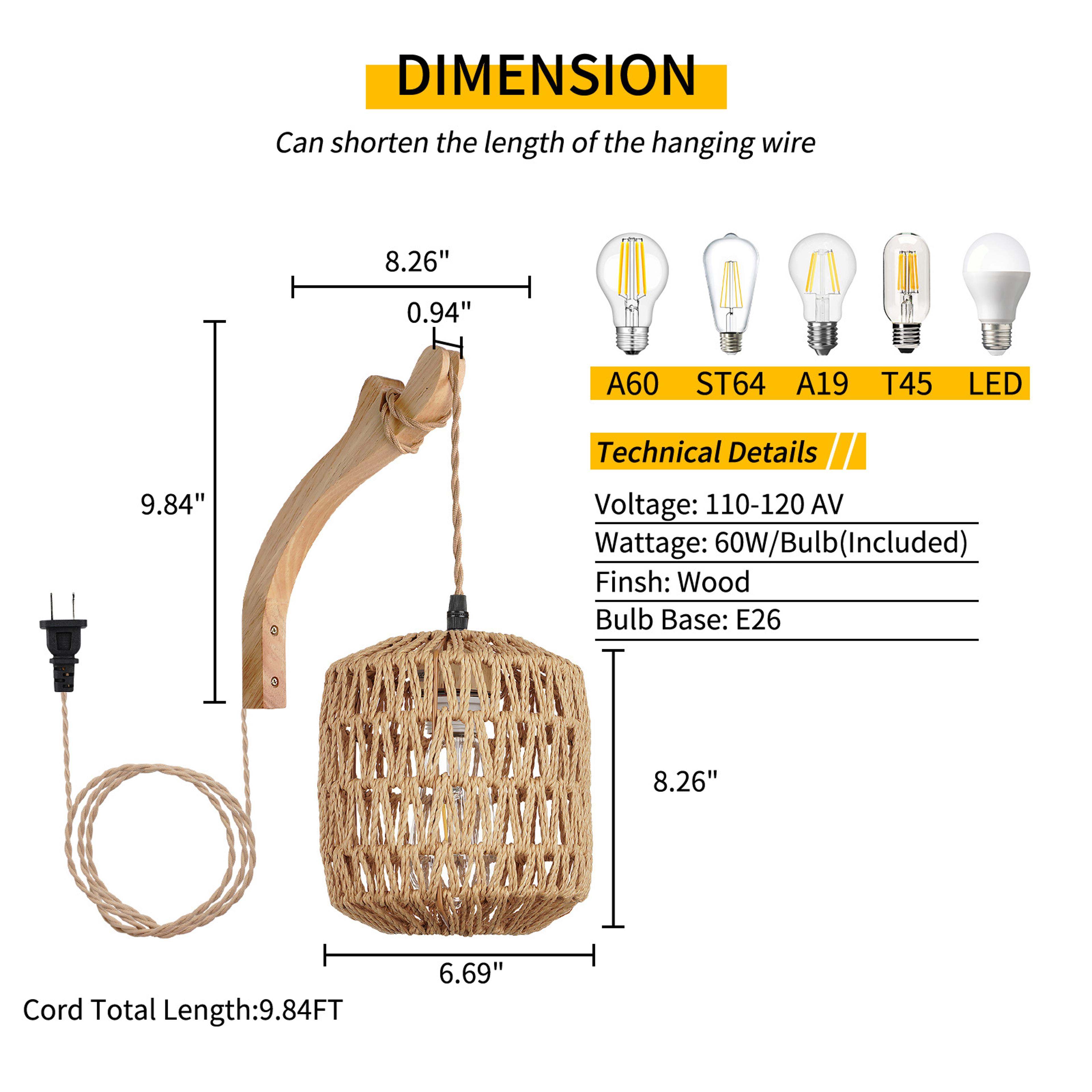 Bamboo Wall Lamp  Handwoven Wicker Lantern Light Fixture With E27 Socket 7