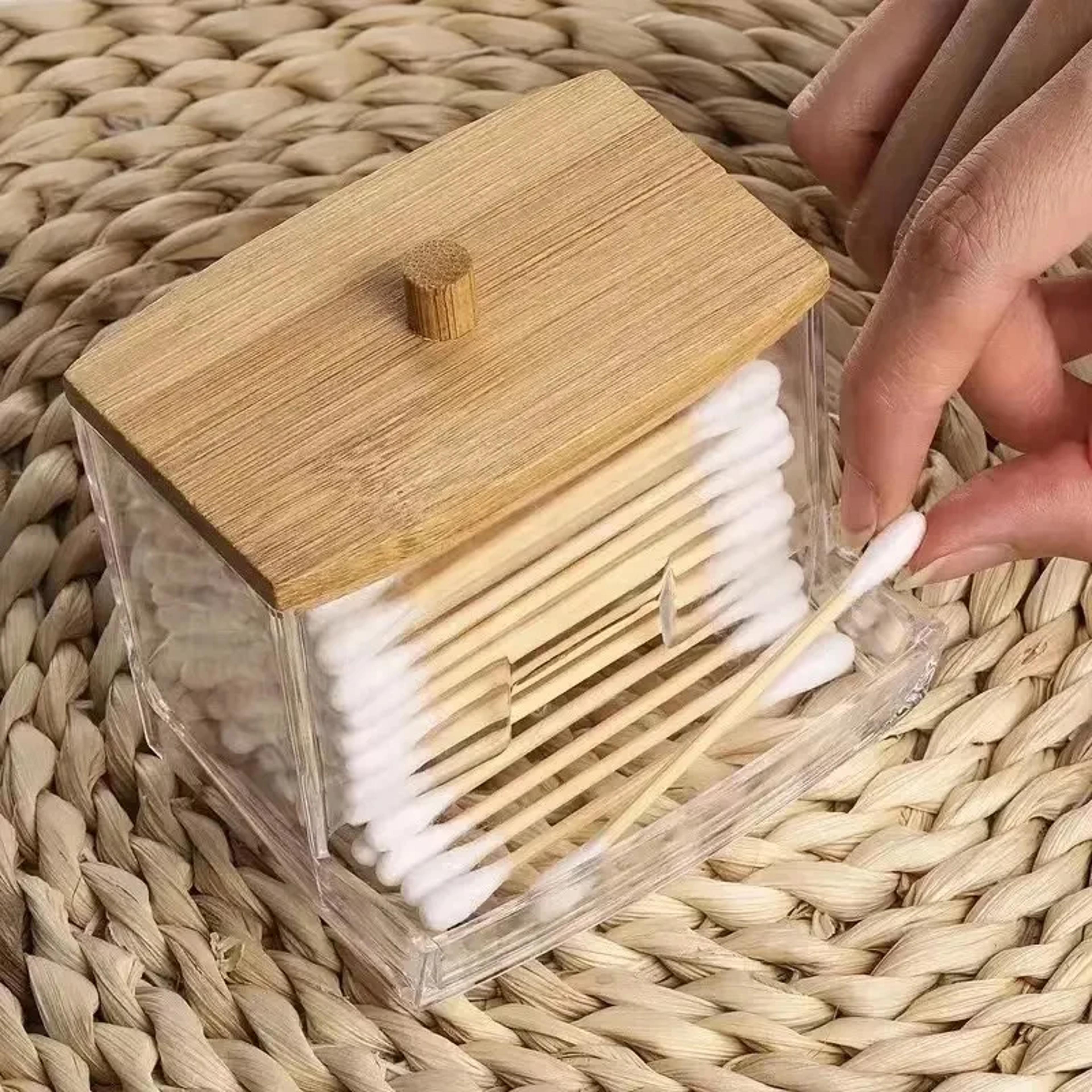 Cotton Swab Storage Box With Clear Square Container And Bamboo Lid 1