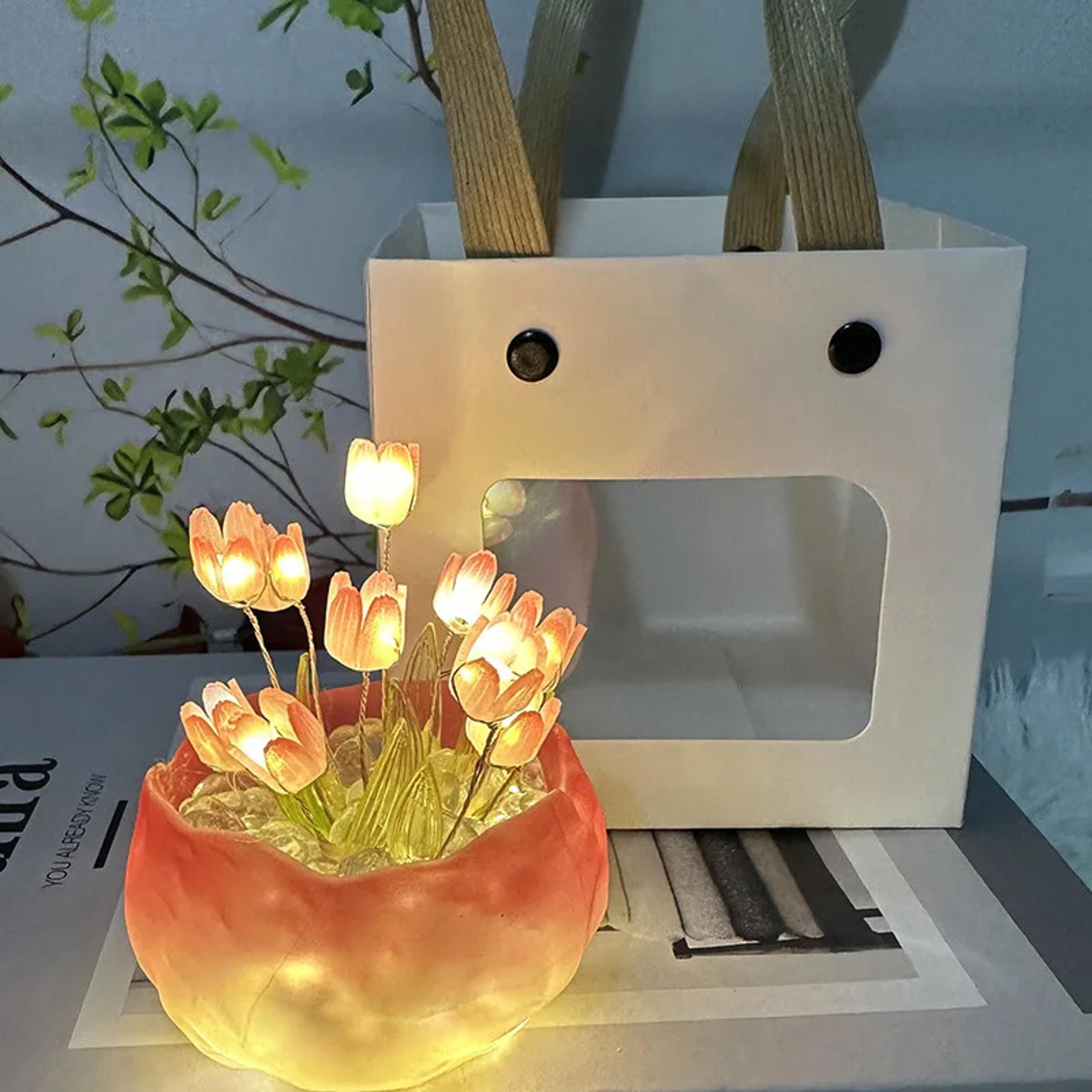 DIY Tulip Pumpkin Cup Night Light With Pink Flowers And LED Lighting 2