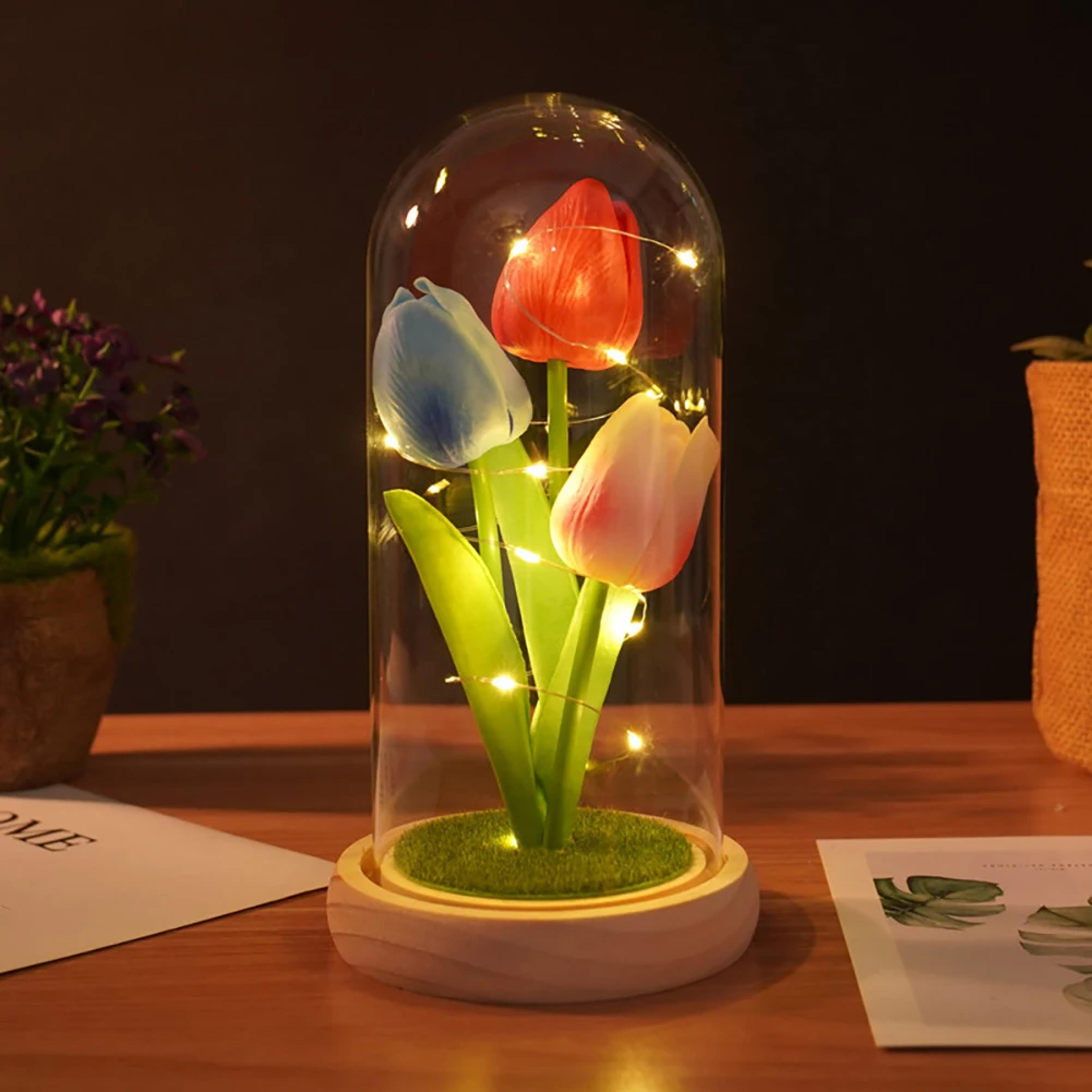 Tulip Night Light With Glass Cover And Wooden Base  Romantic Floral Gift 9