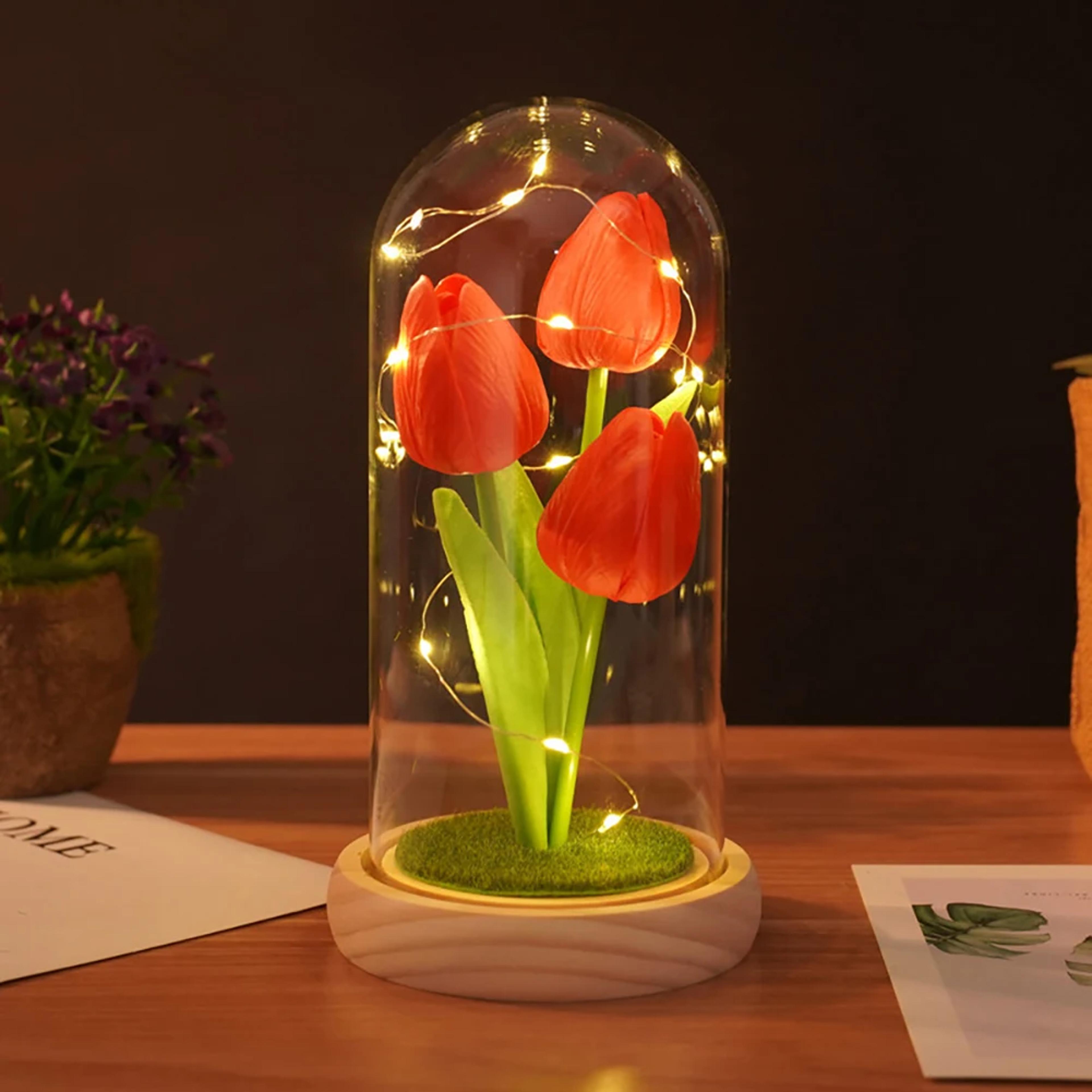Tulip Night Light With Glass Cover And Wooden Base  Romantic Floral Gift 7