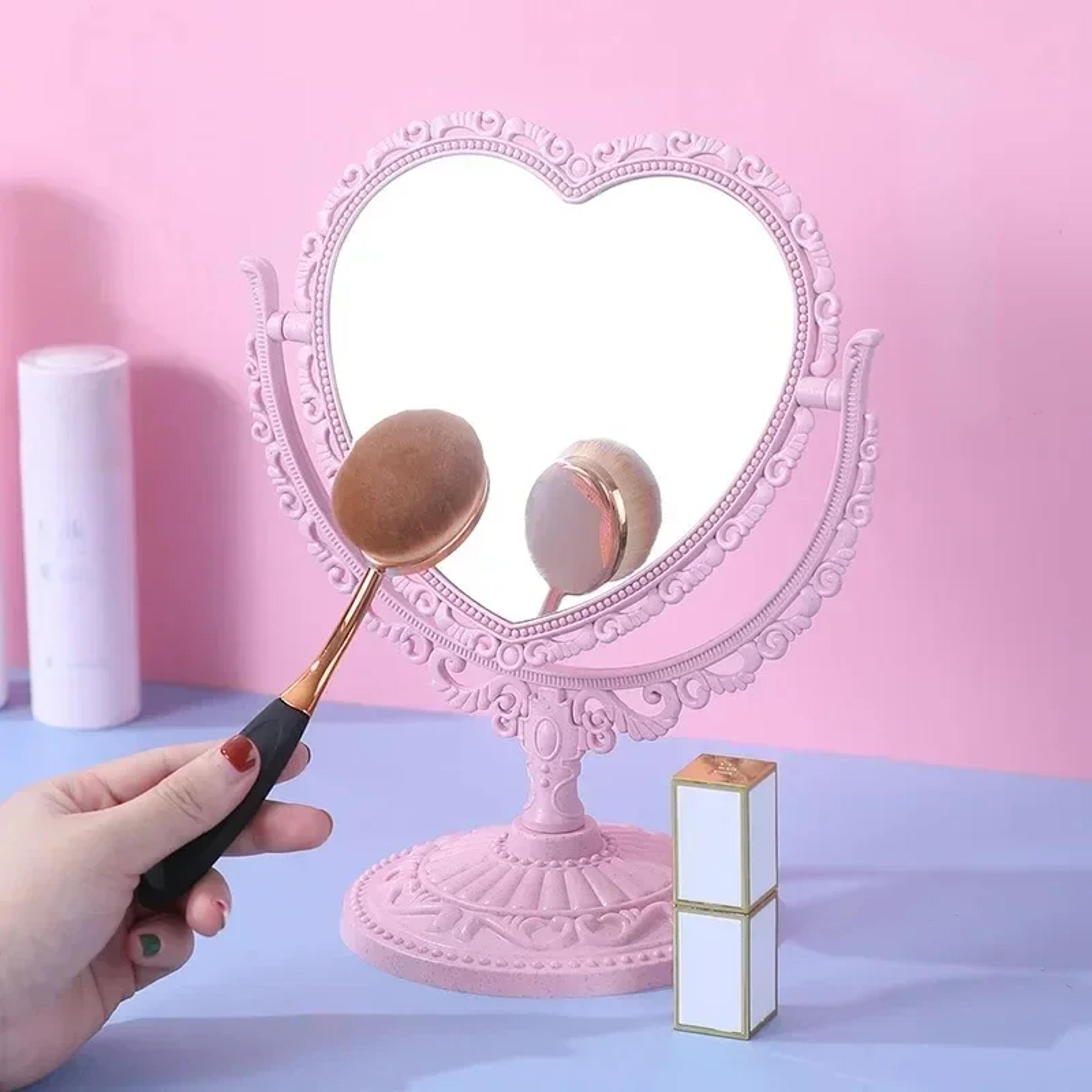 Pink HeartShaped Retro Makeup Mirror With DoubleSided Design 1
