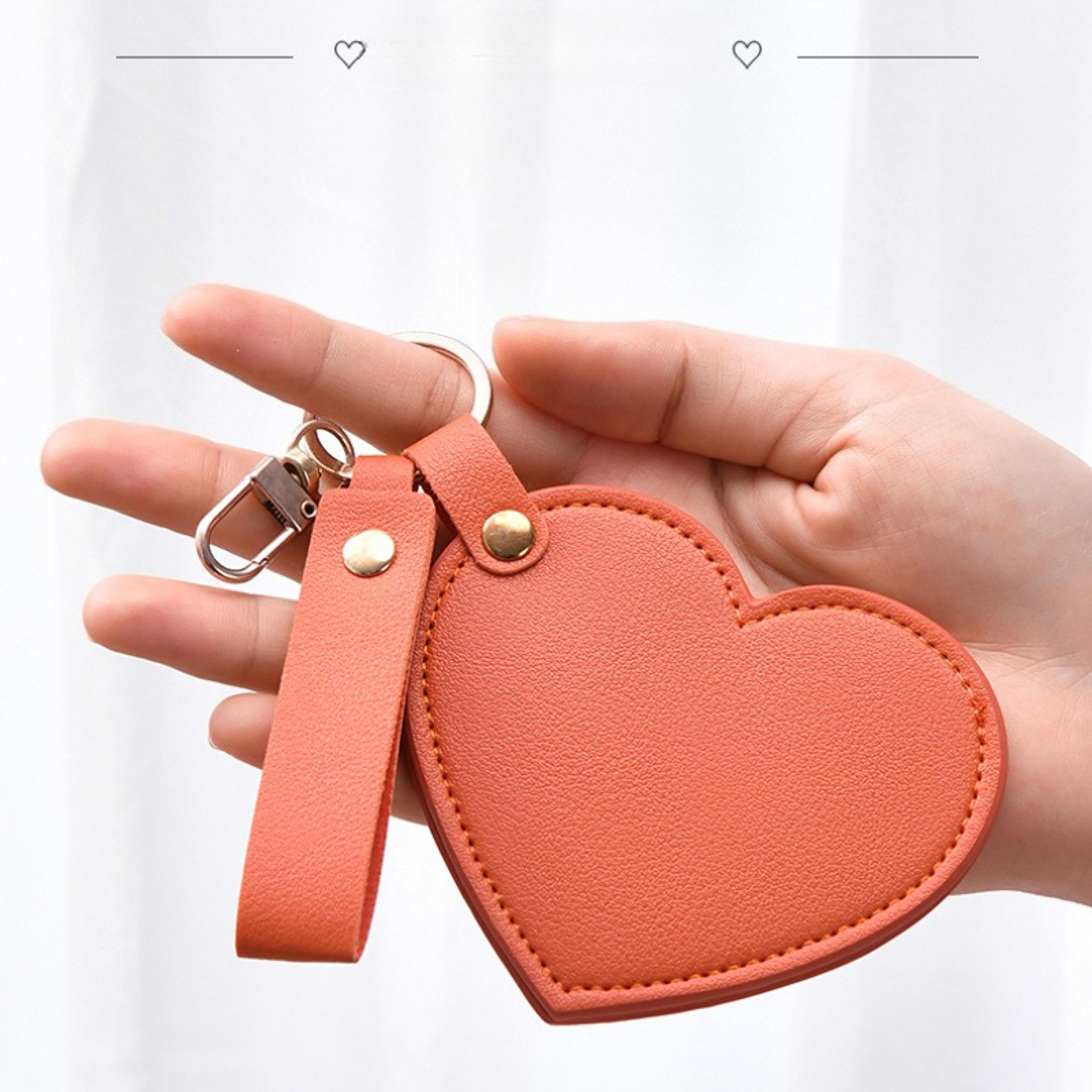 Heart Shaped Compact Makeup Mirror With PU Leather Cover And Keychain 2