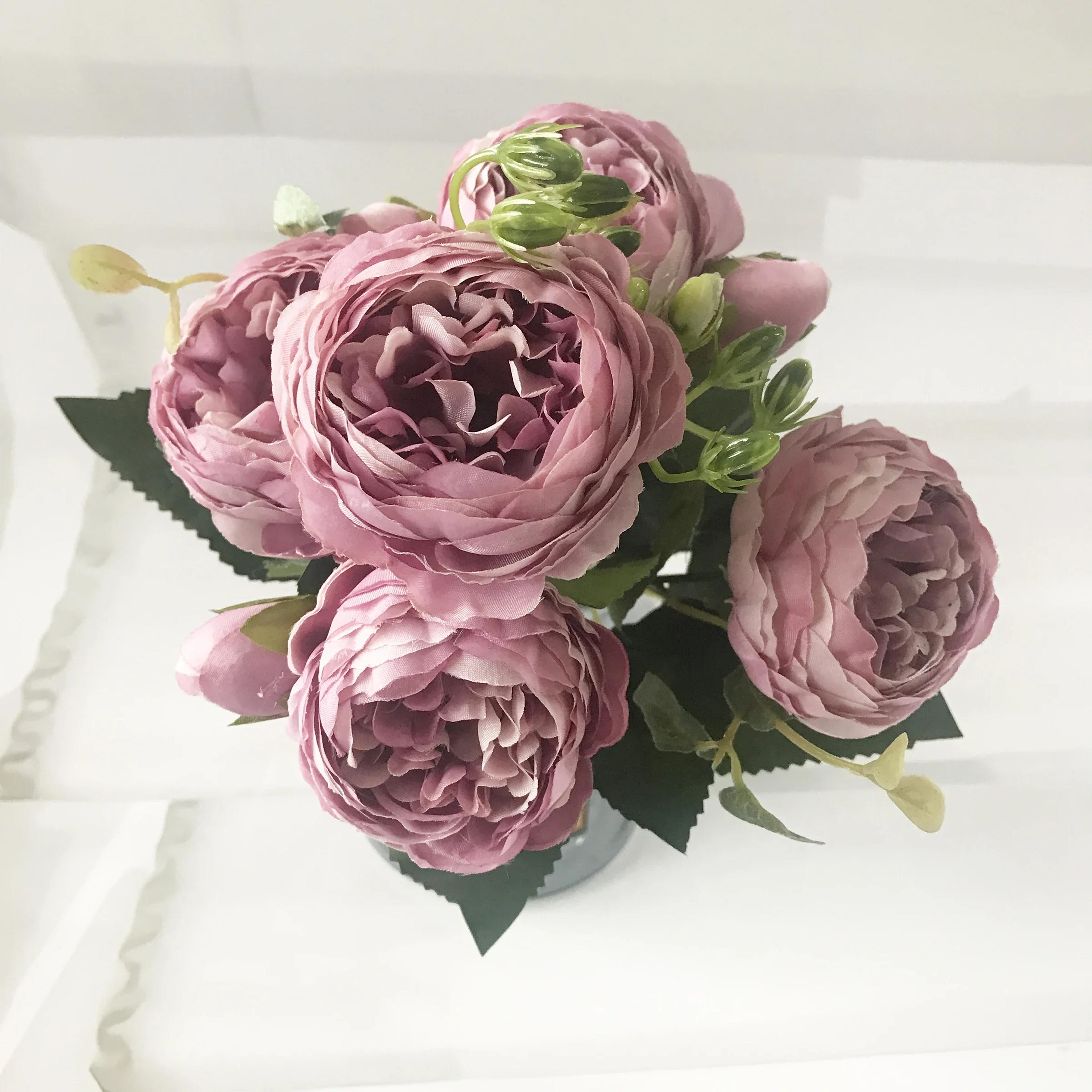 Artificial Silk Peony Bouquet With 5 Blooms And 4 Buds For Wedding And Home Decor 7