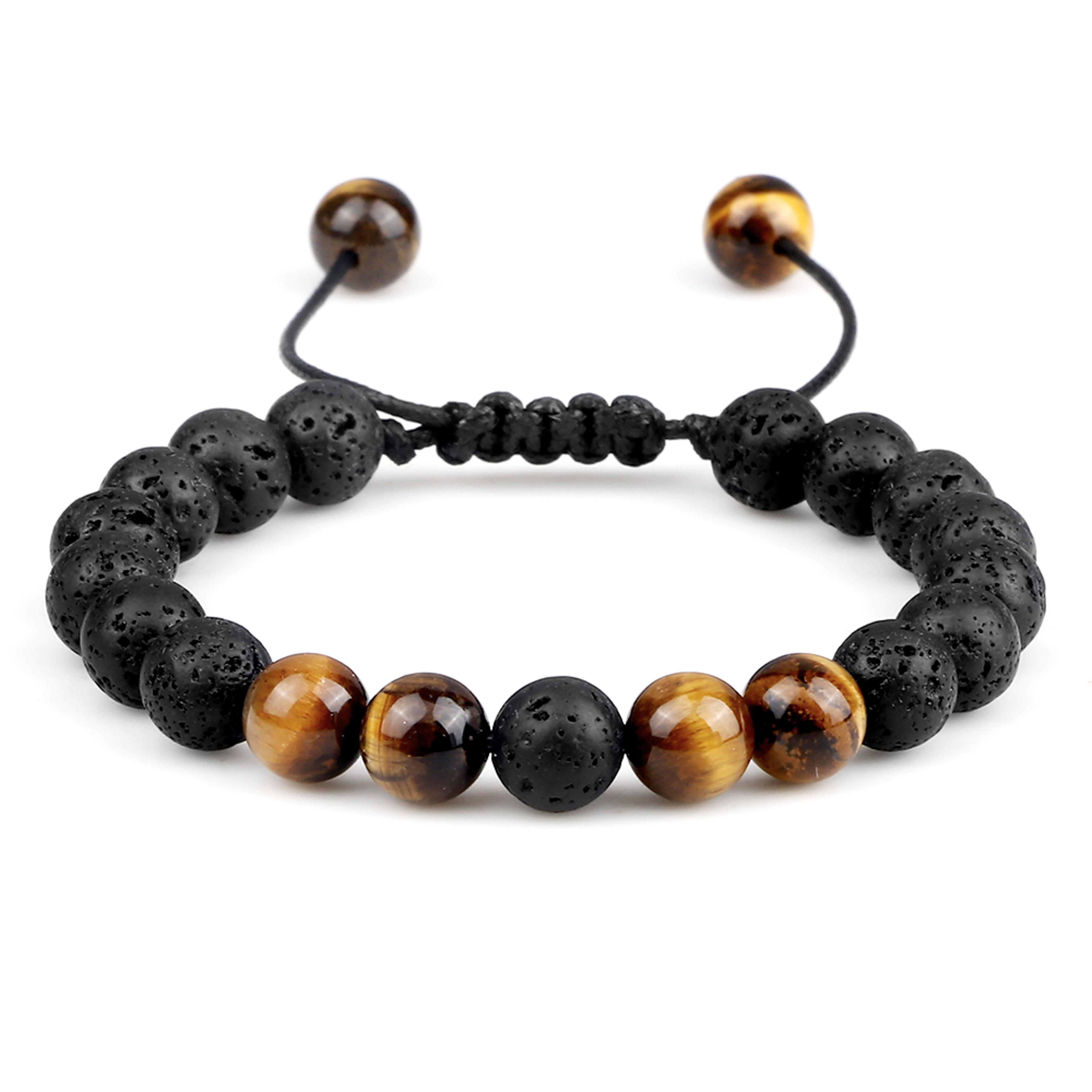 8mm Black Lava Bead Bracelet With Tiger Eye Stones And Adjustable Braided Rope 18