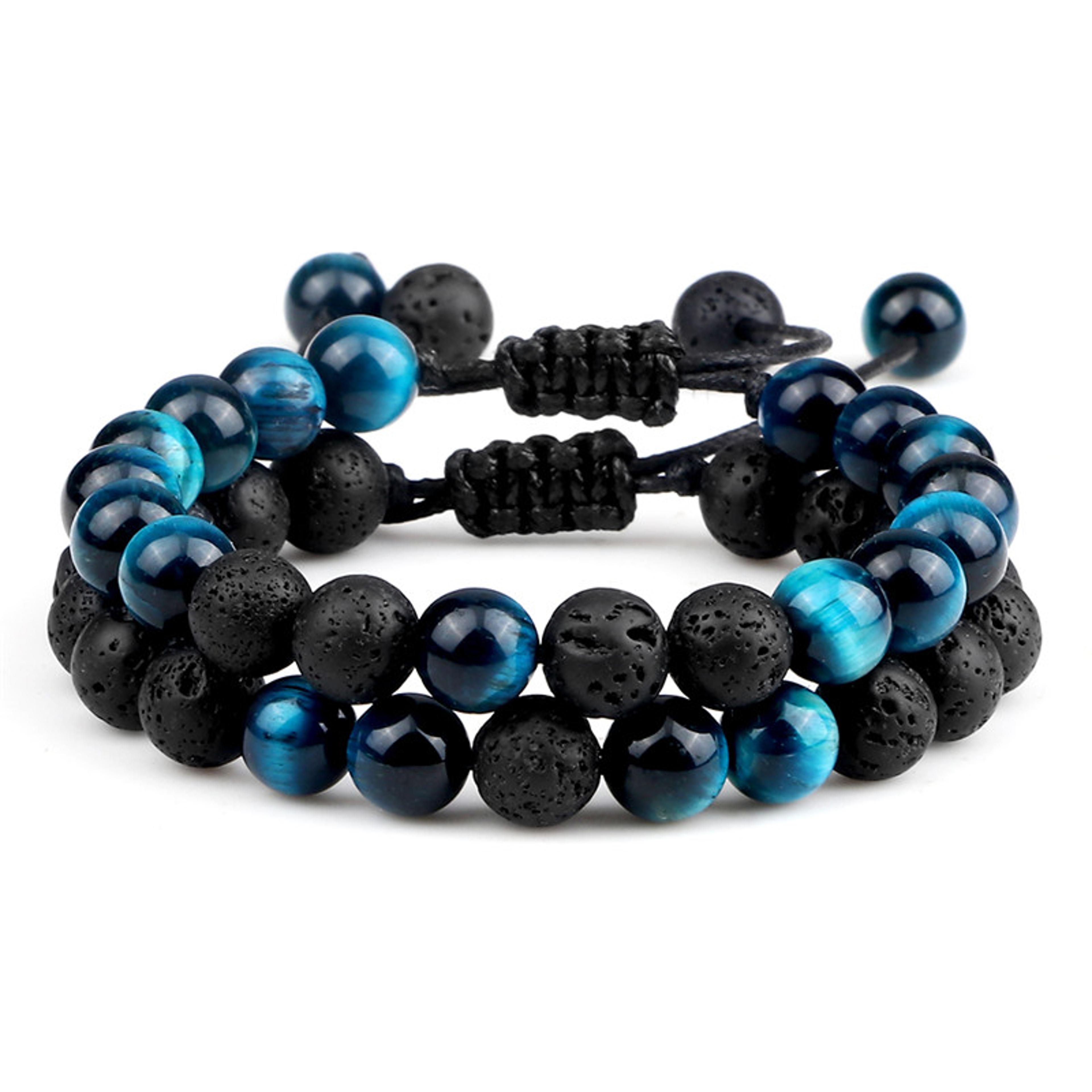 8mm Black Lava Bead Bracelet With Tiger Eye Stones And Adjustable Braided Rope 30