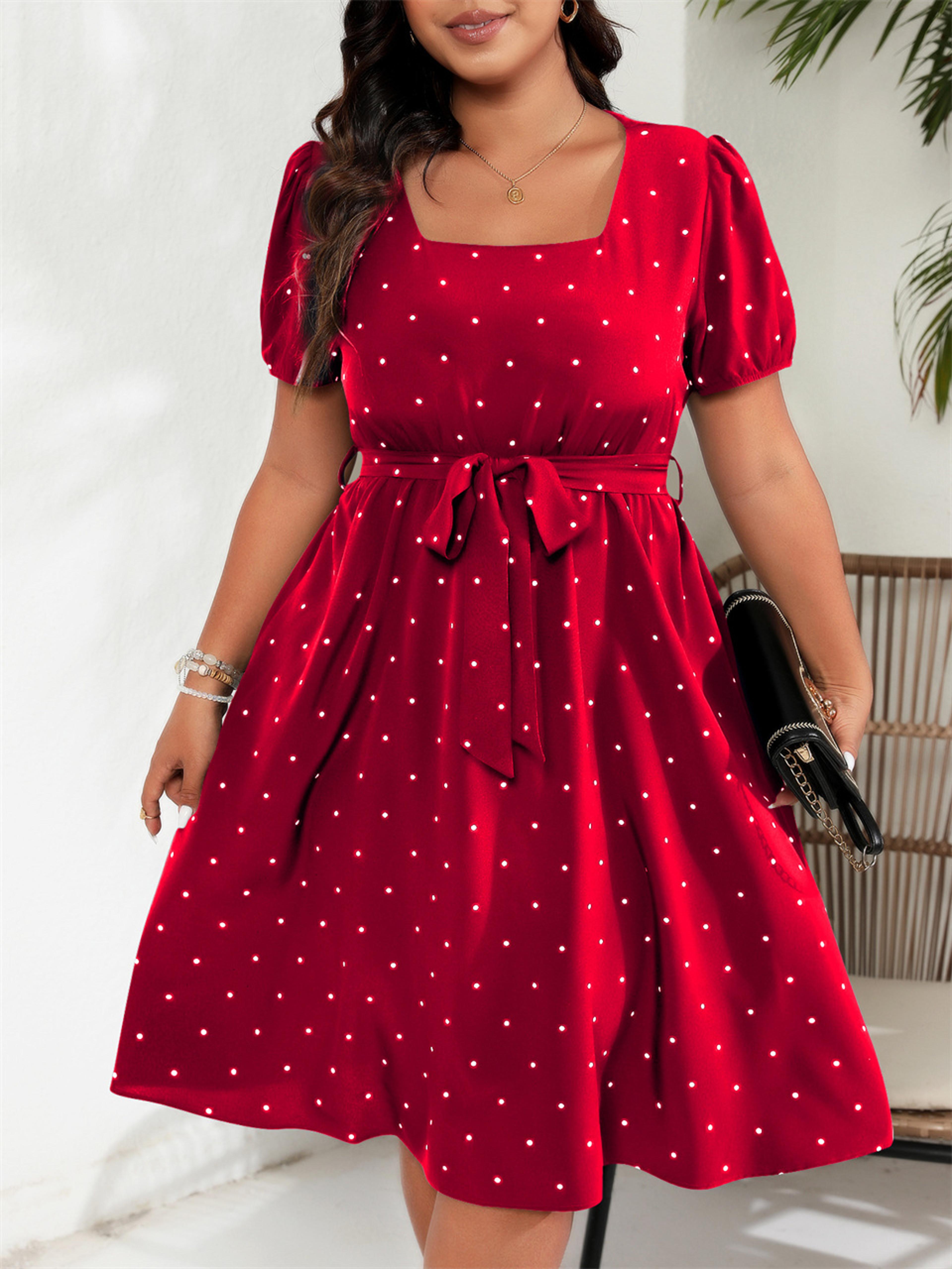 Womens Plus Size Square Neck Polka Dot ALine Dress With Puff Sleeves 5
