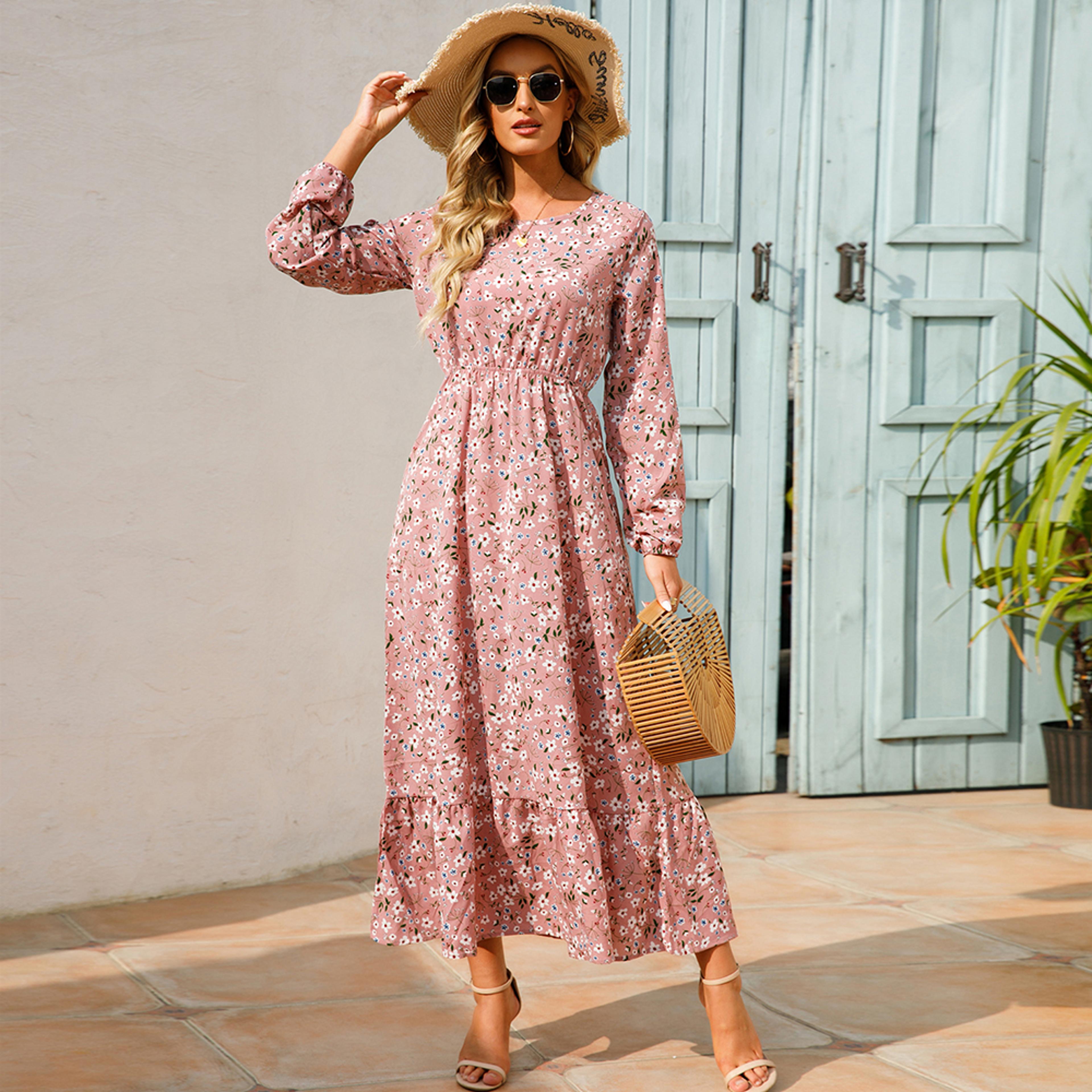 Womens Bohemian Floral Chiffon Midi Dress With Puff Sleeves And Elastic Waist 4