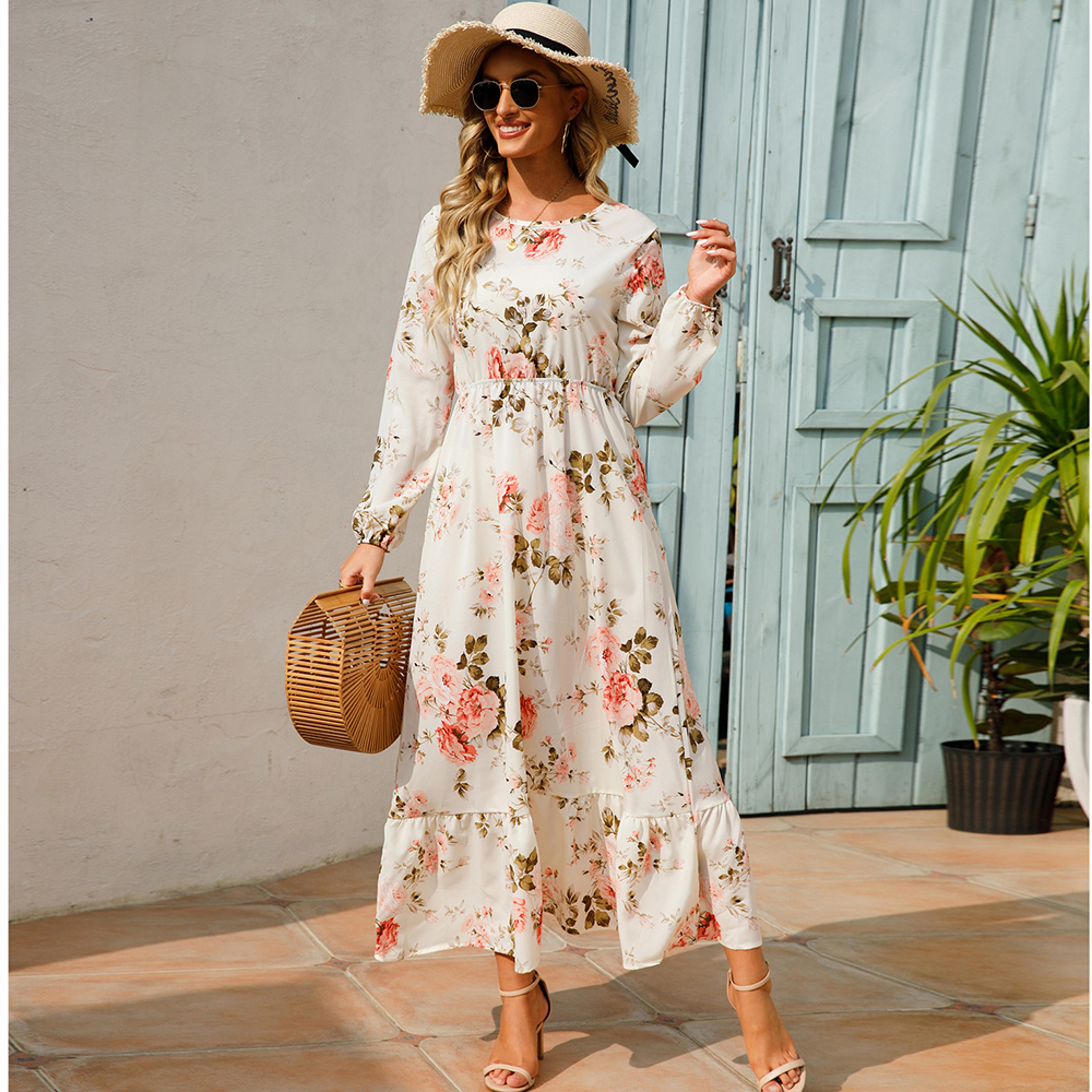Womens Bohemian Floral Chiffon Midi Dress With Puff Sleeves And Elastic Waist 8