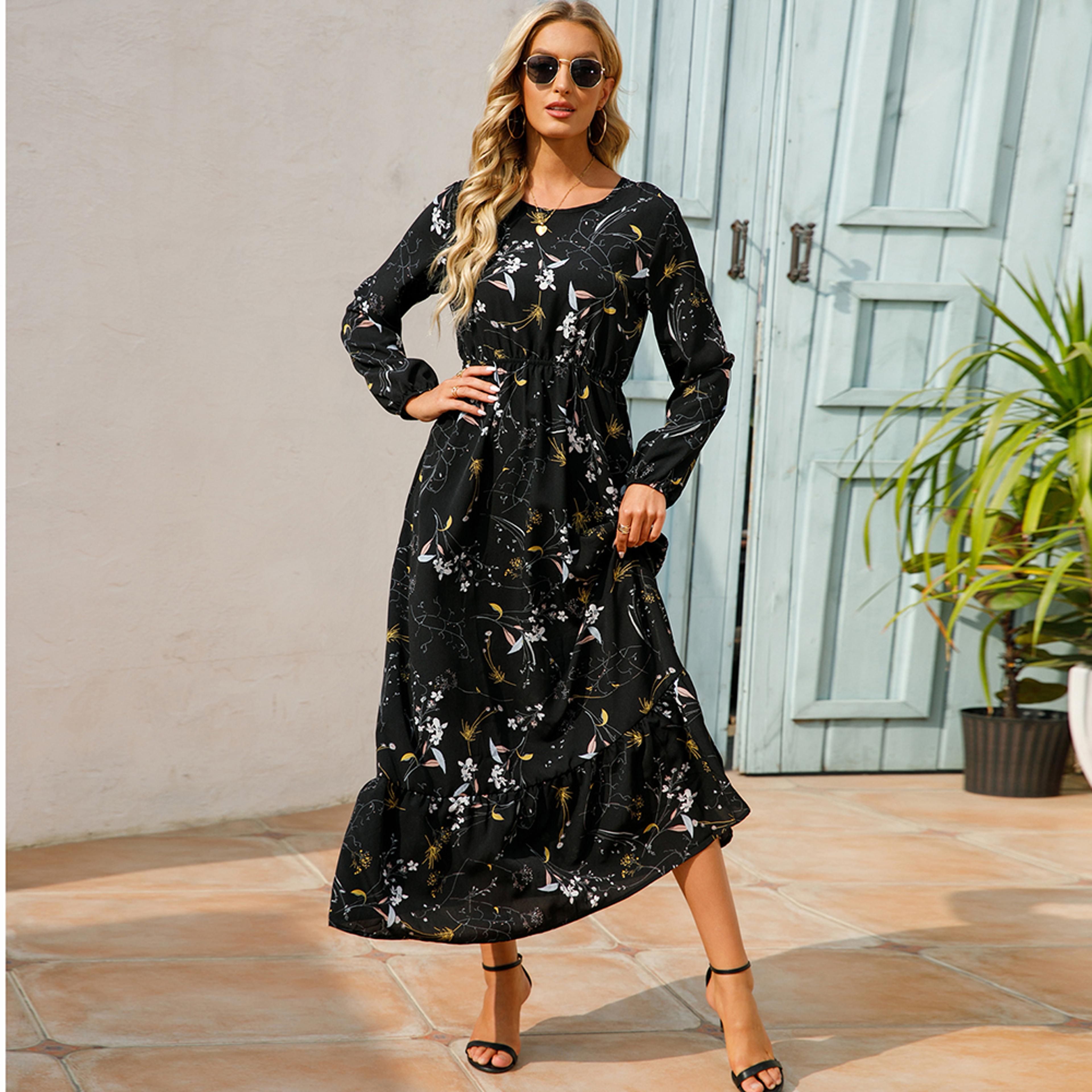 Womens Bohemian Floral Chiffon Midi Dress With Puff Sleeves And Elastic Waist 9