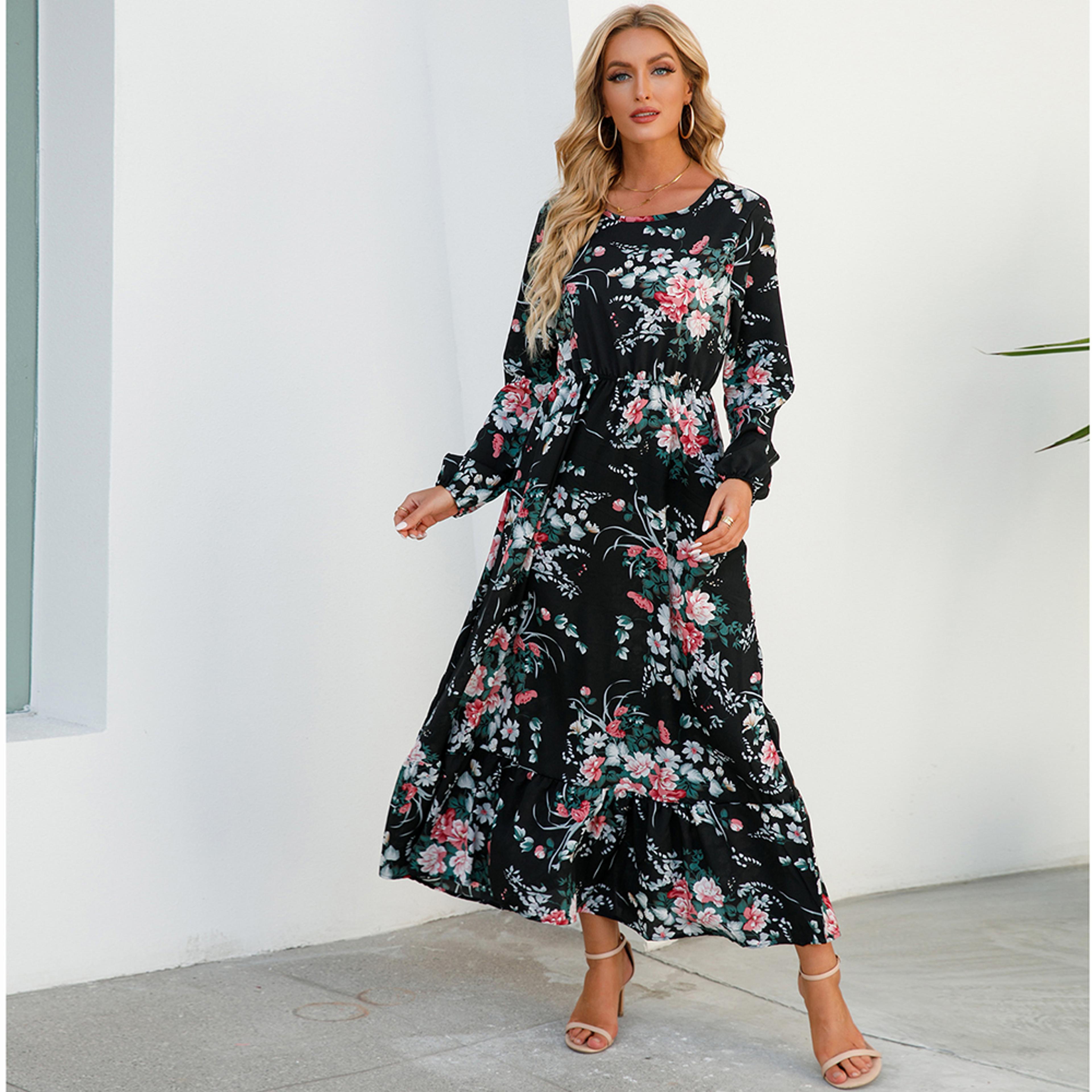 Womens Bohemian Floral Chiffon Midi Dress With Puff Sleeves And Elastic Waist 16