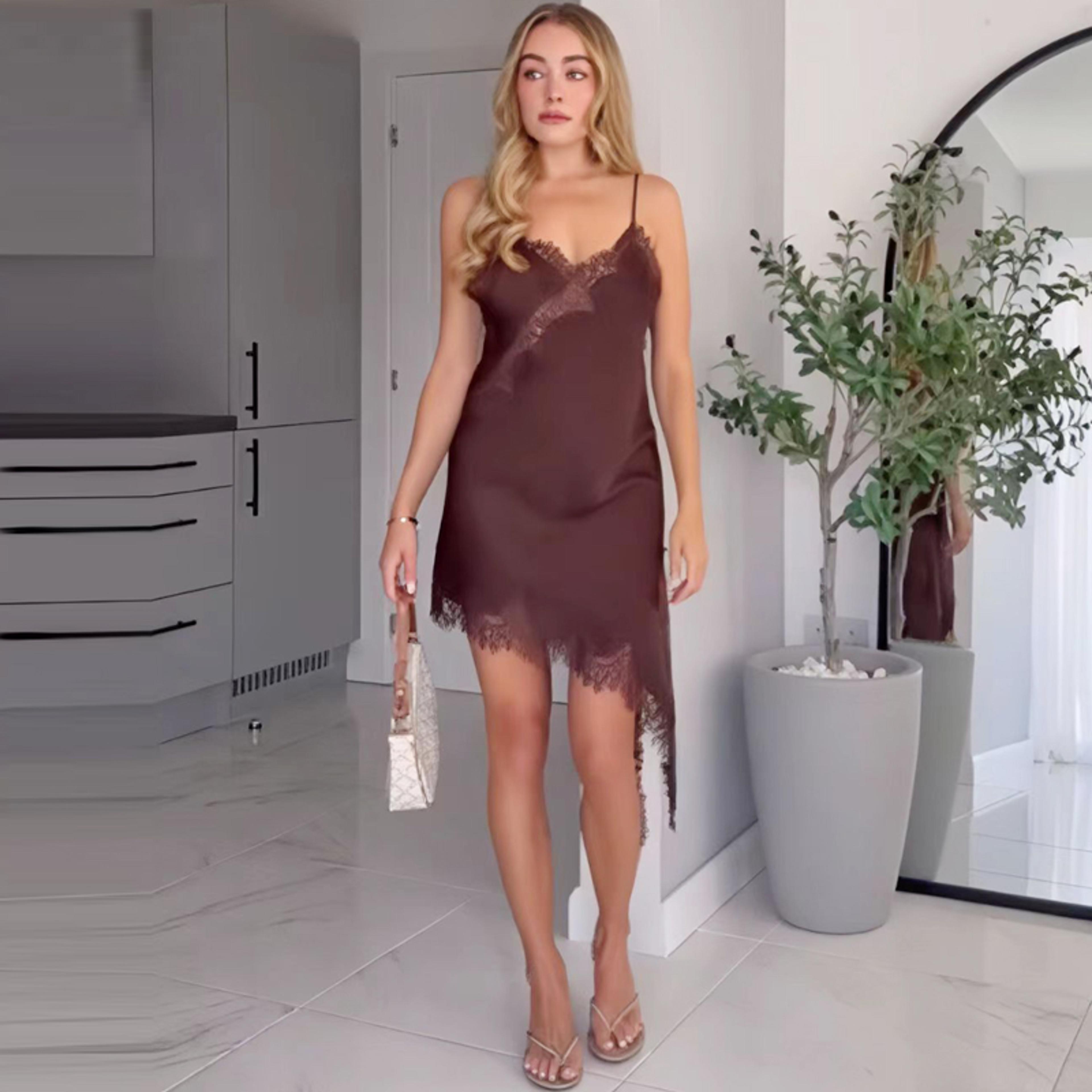 Womens Asymmetrical Lace Slip Mini Dress With VNeck And Backless Design 5