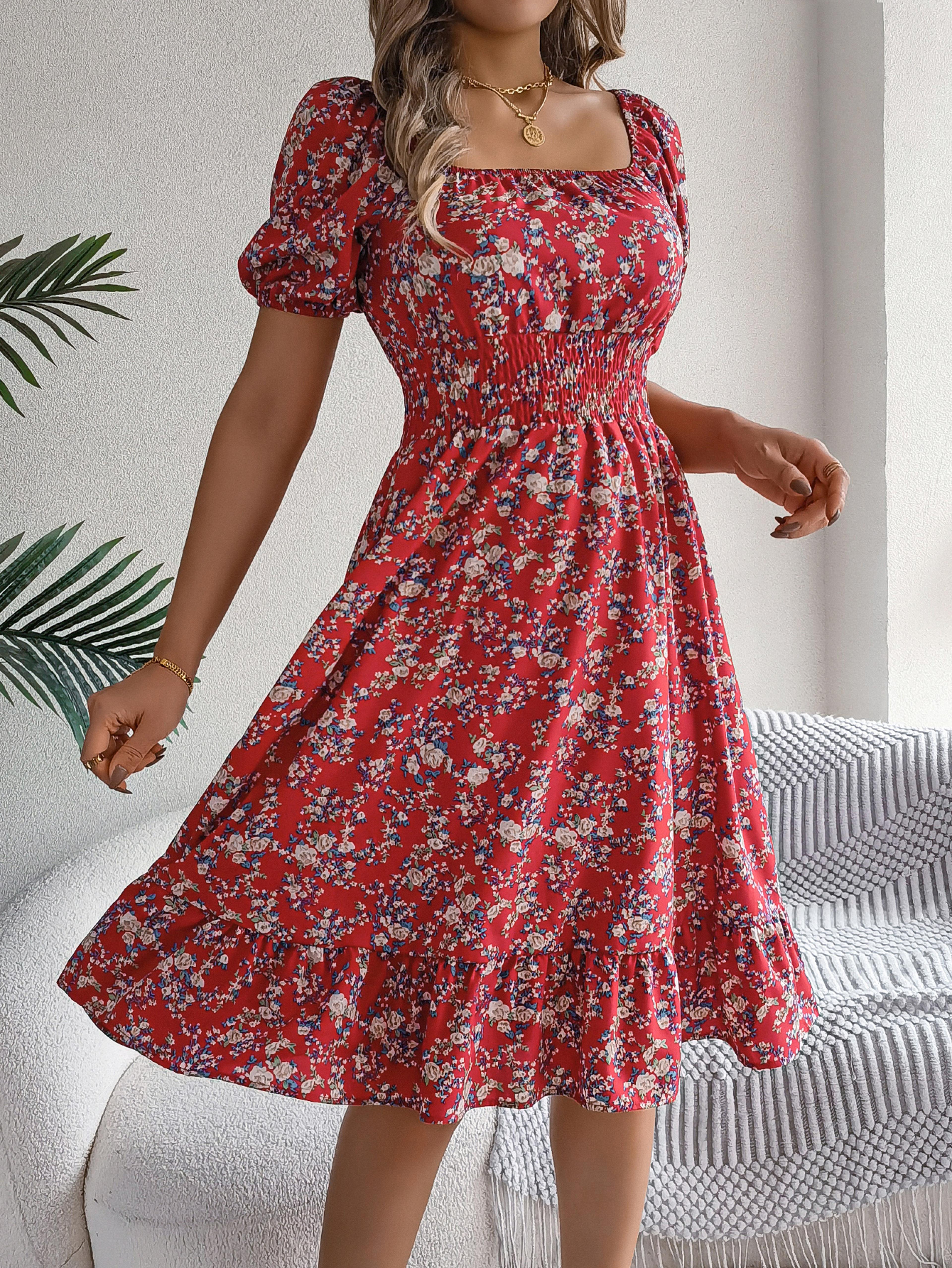 Womens Floral Print ALine Dress With Square Neck And Short Sleeves 5