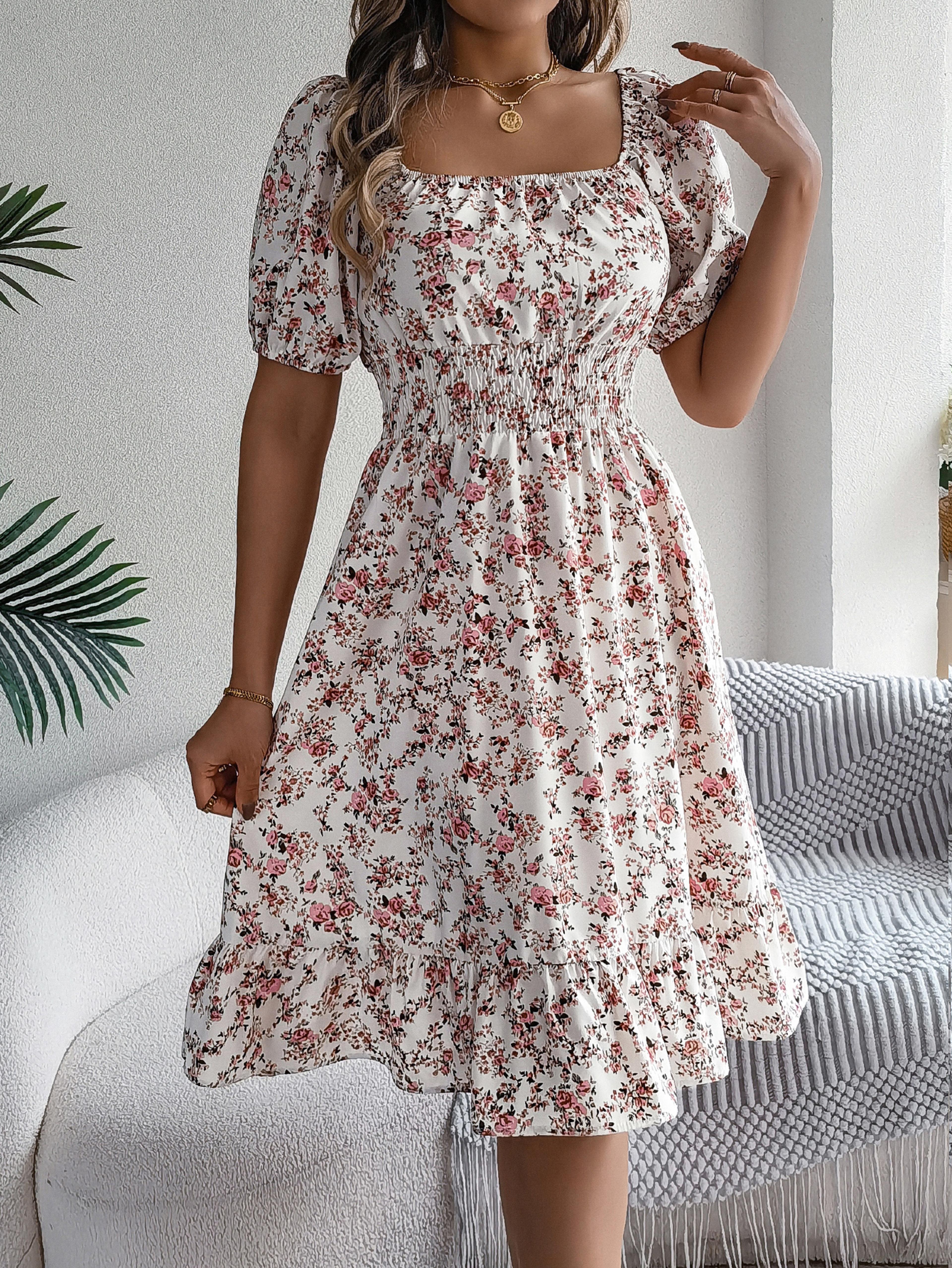 Womens Floral Print ALine Dress With Square Neck And Short Sleeves 7