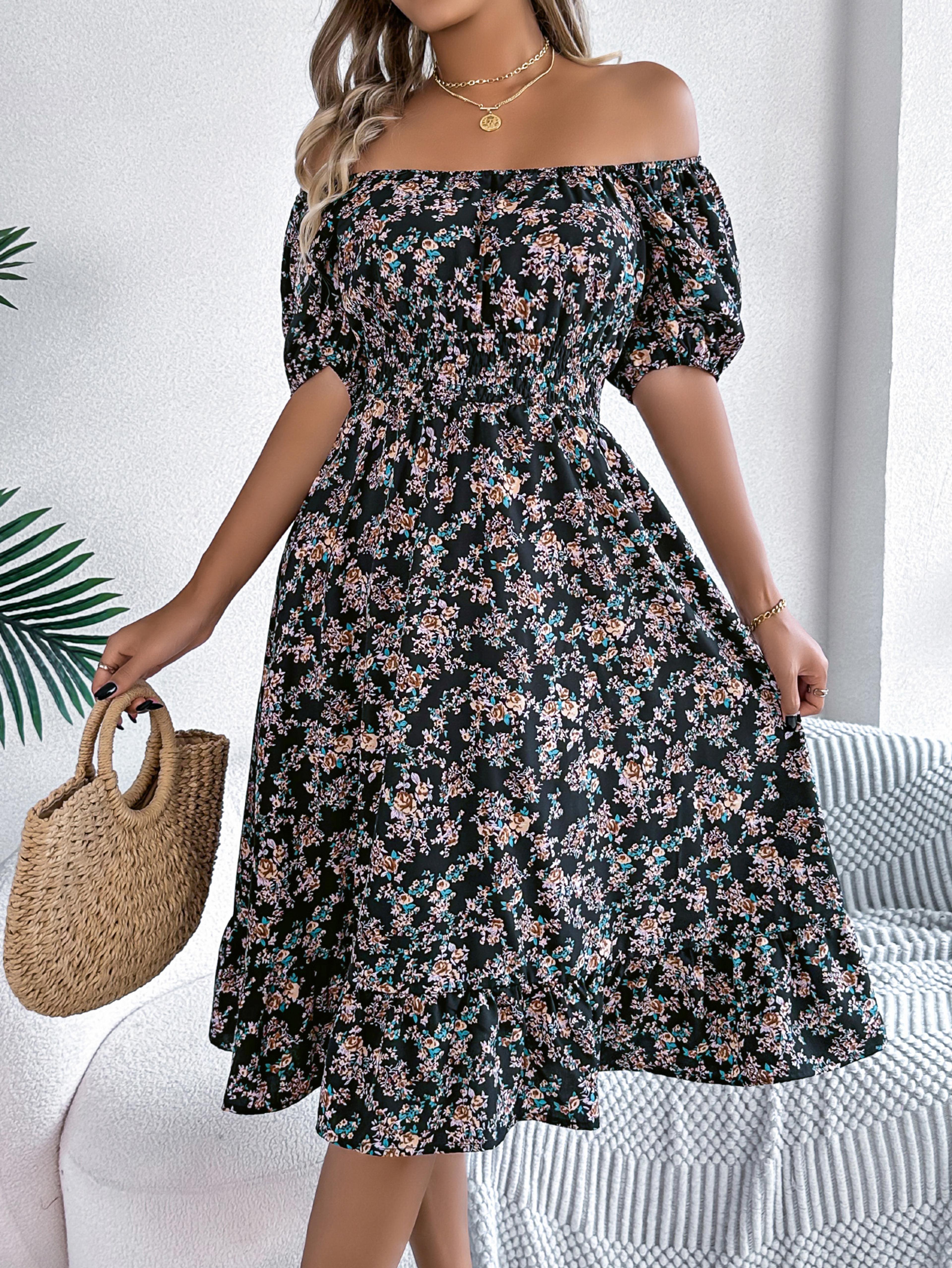 Womens Floral Print ALine Dress With Square Neck And Short Sleeves 9