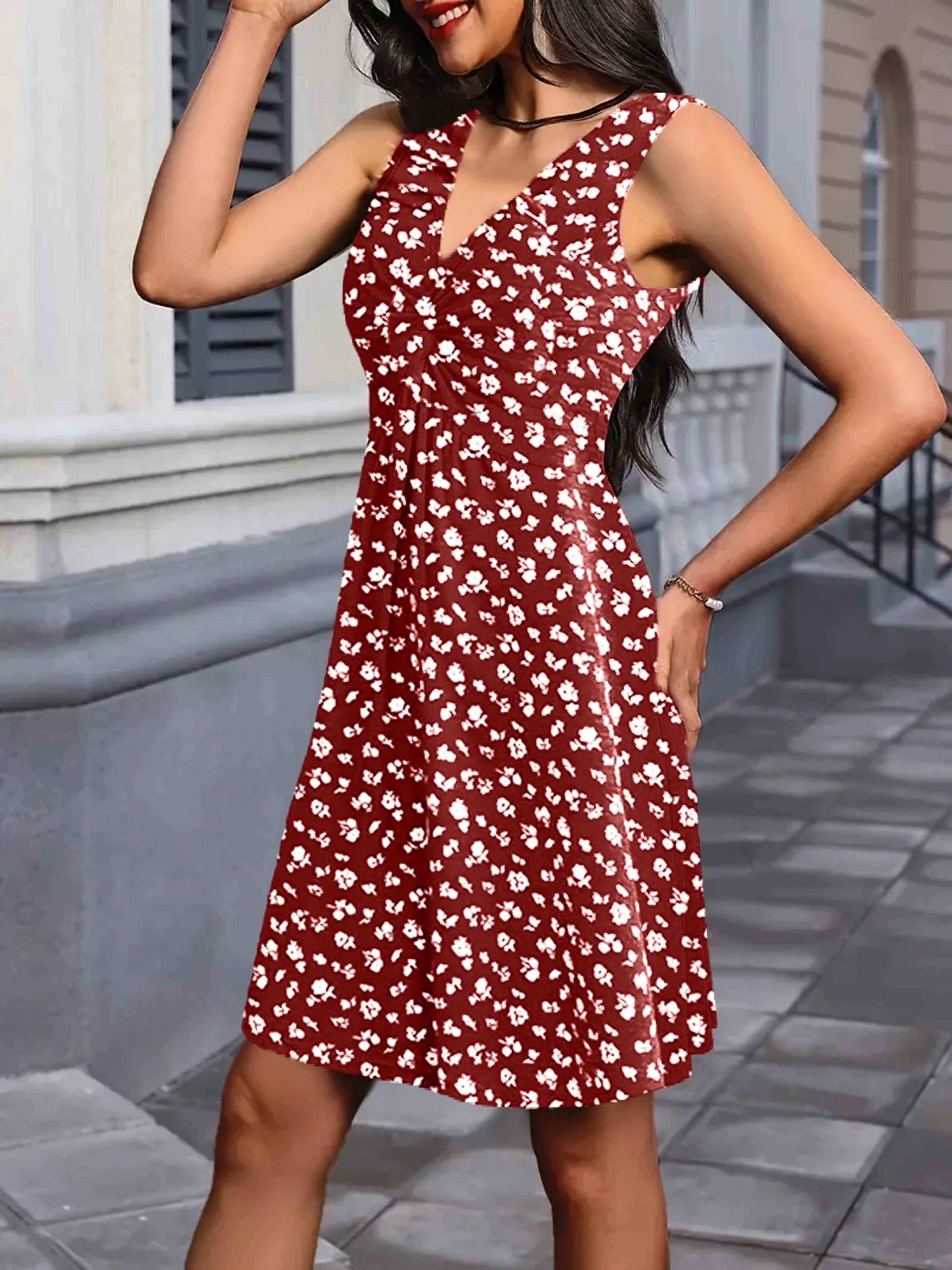Womens Sleeveless VNeck Printed ALine KneeLength Dress 4