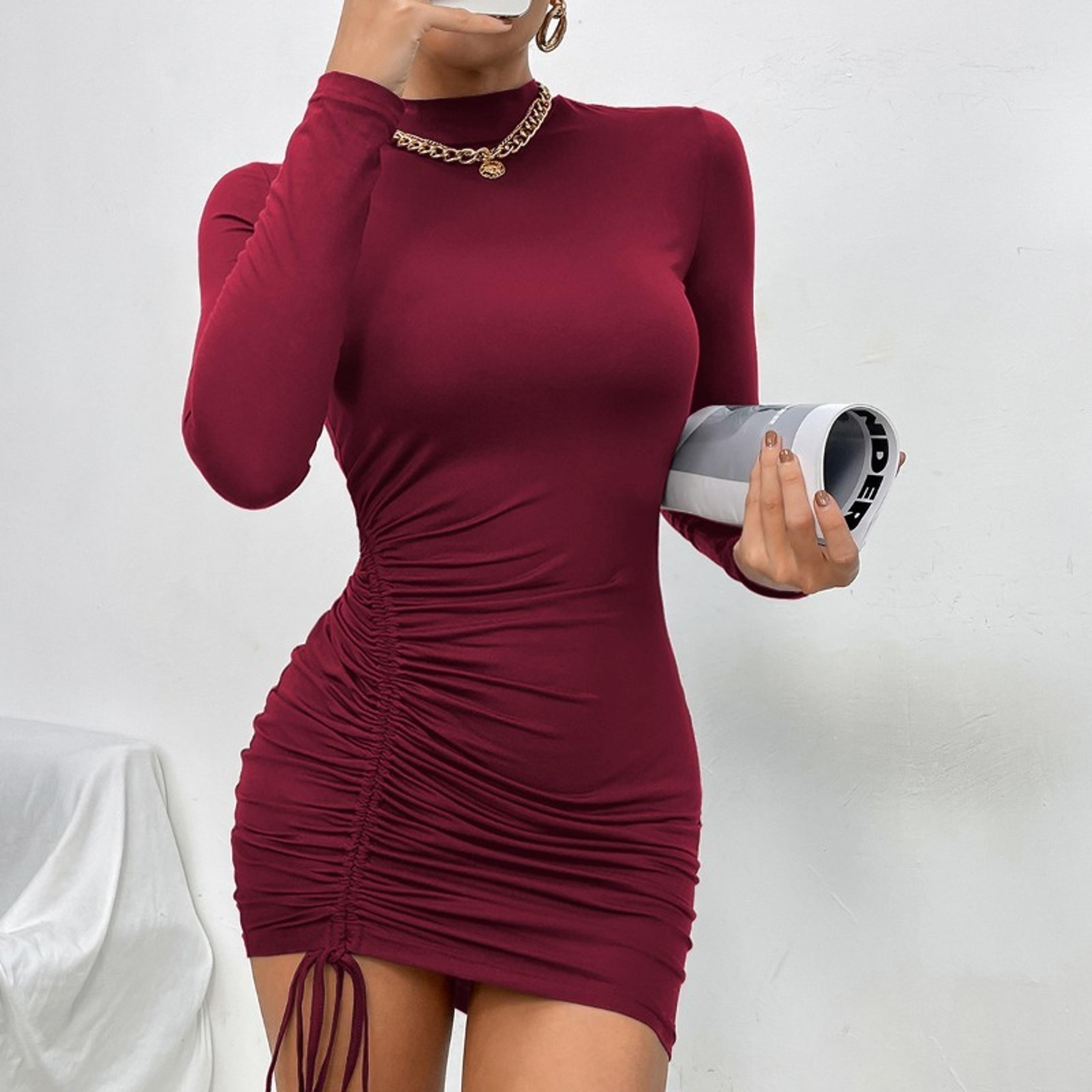 women's long sleeve pleated a-line dress with tie detail