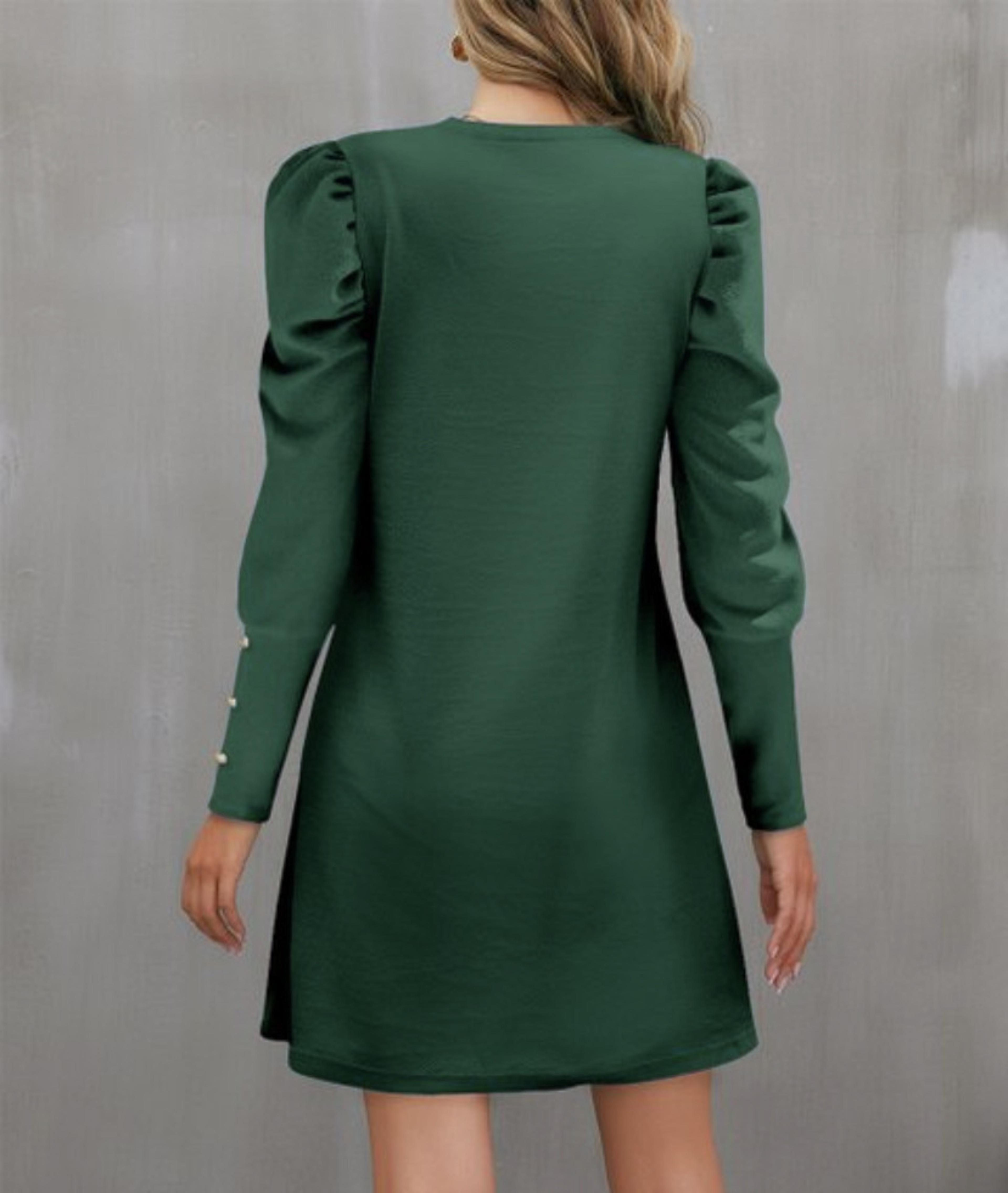 Womens ALine KneeLength Dress With Puff Sleeves And Decorative Buttons 2