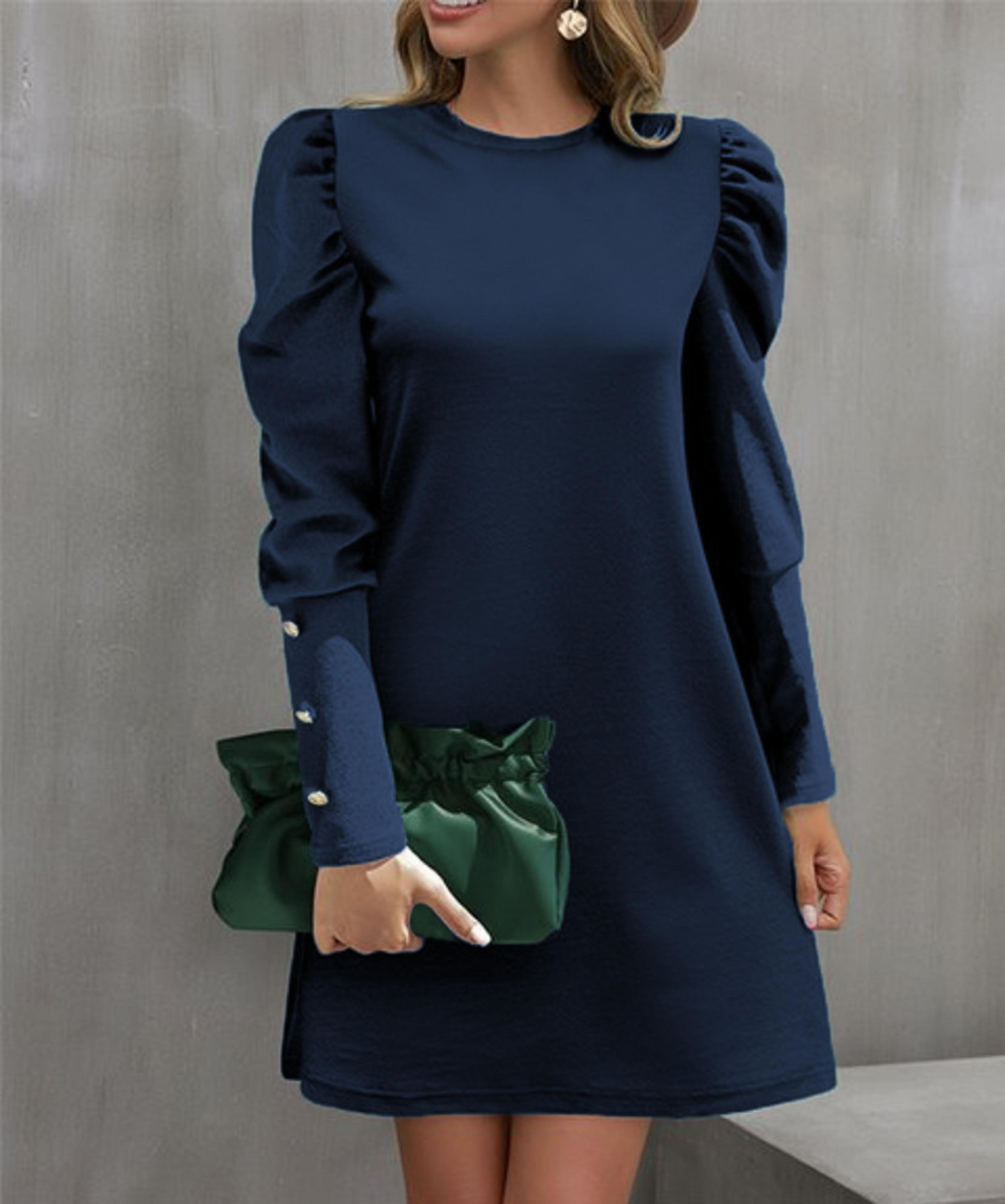 Womens ALine KneeLength Dress With Puff Sleeves And Decorative Buttons 8