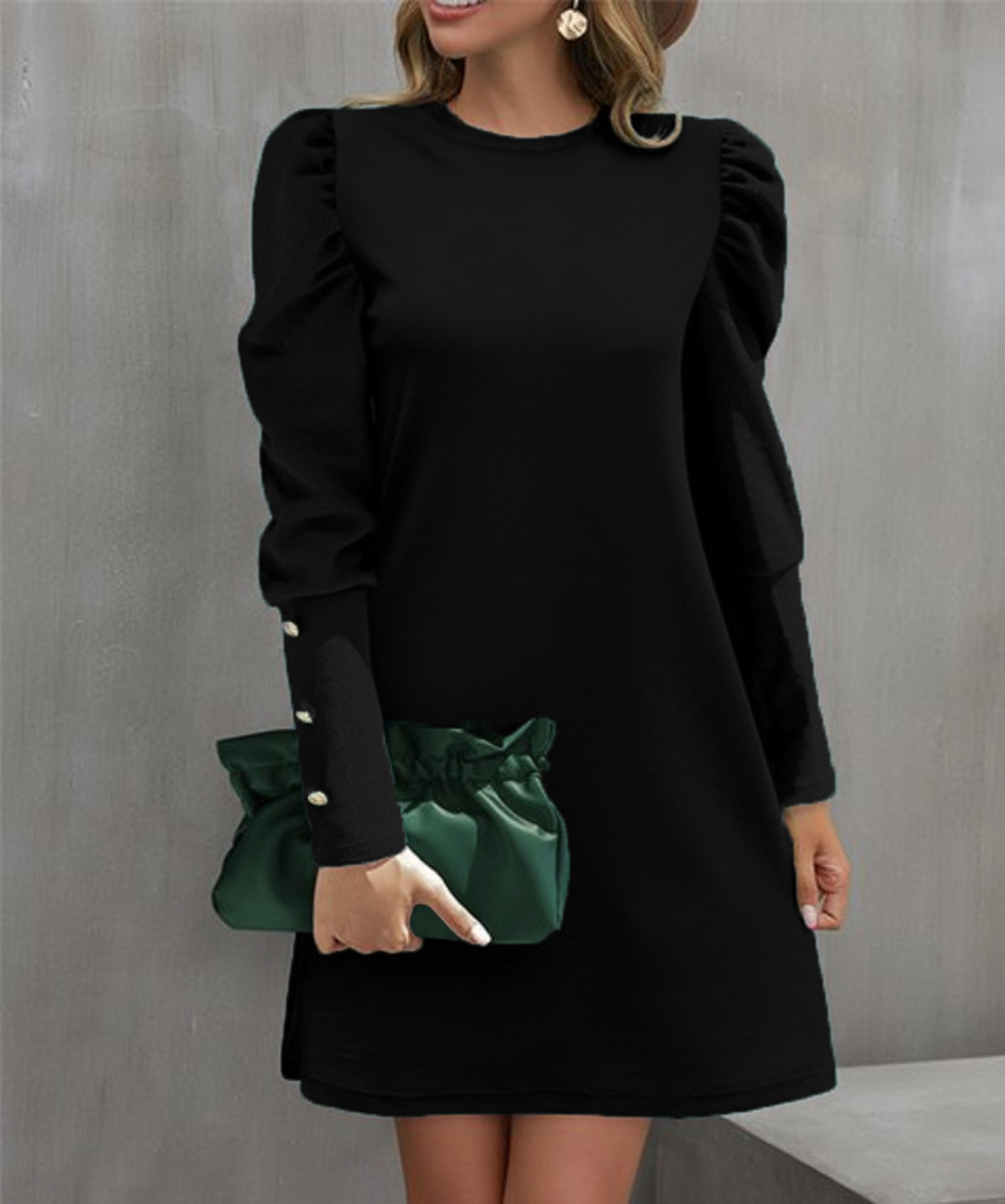 Womens ALine KneeLength Dress With Puff Sleeves And Decorative Buttons 13
