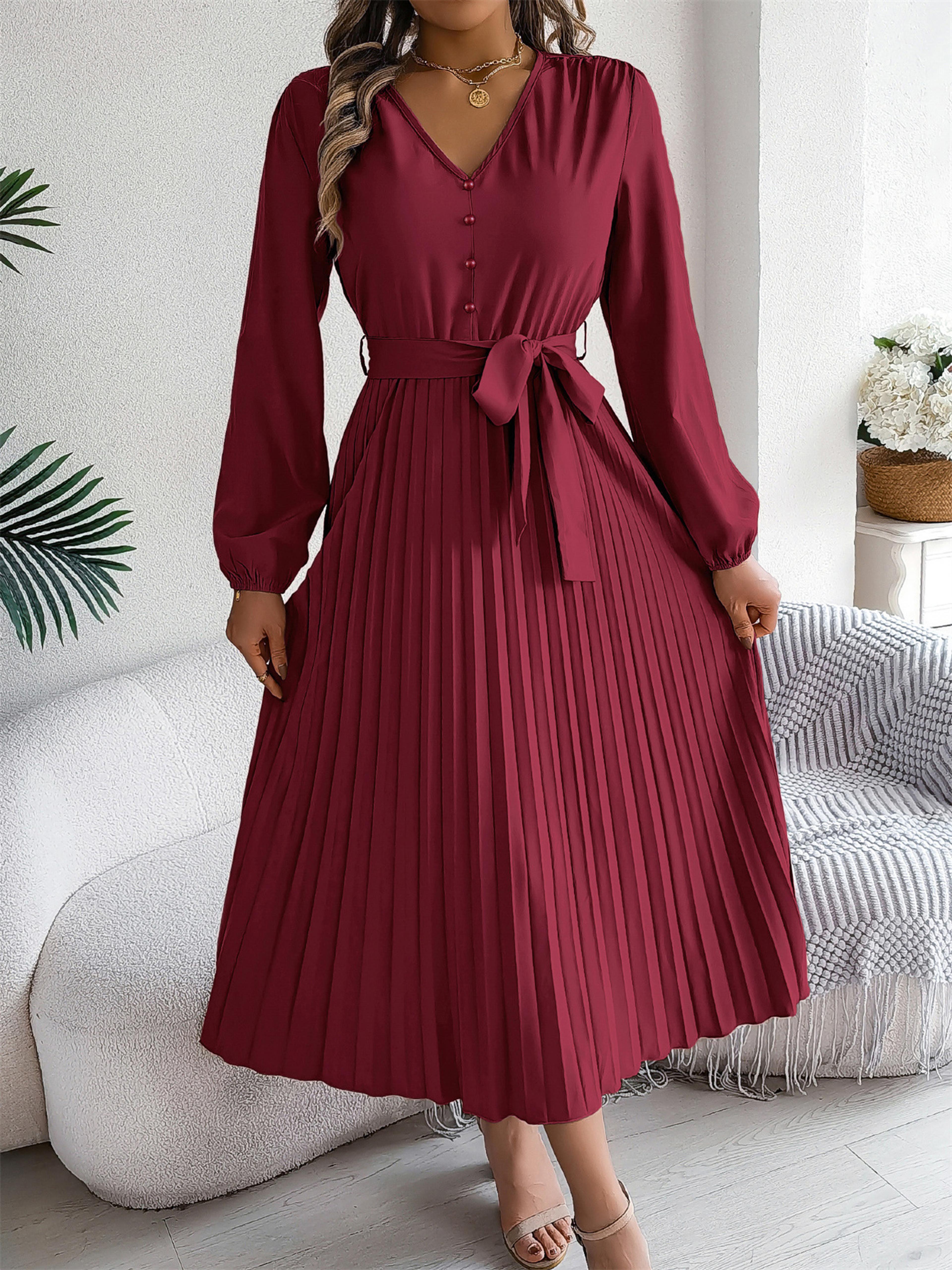 Womens Elegant VNeck Pleated Maxi Dress With Lantern Sleeves And Sash 4