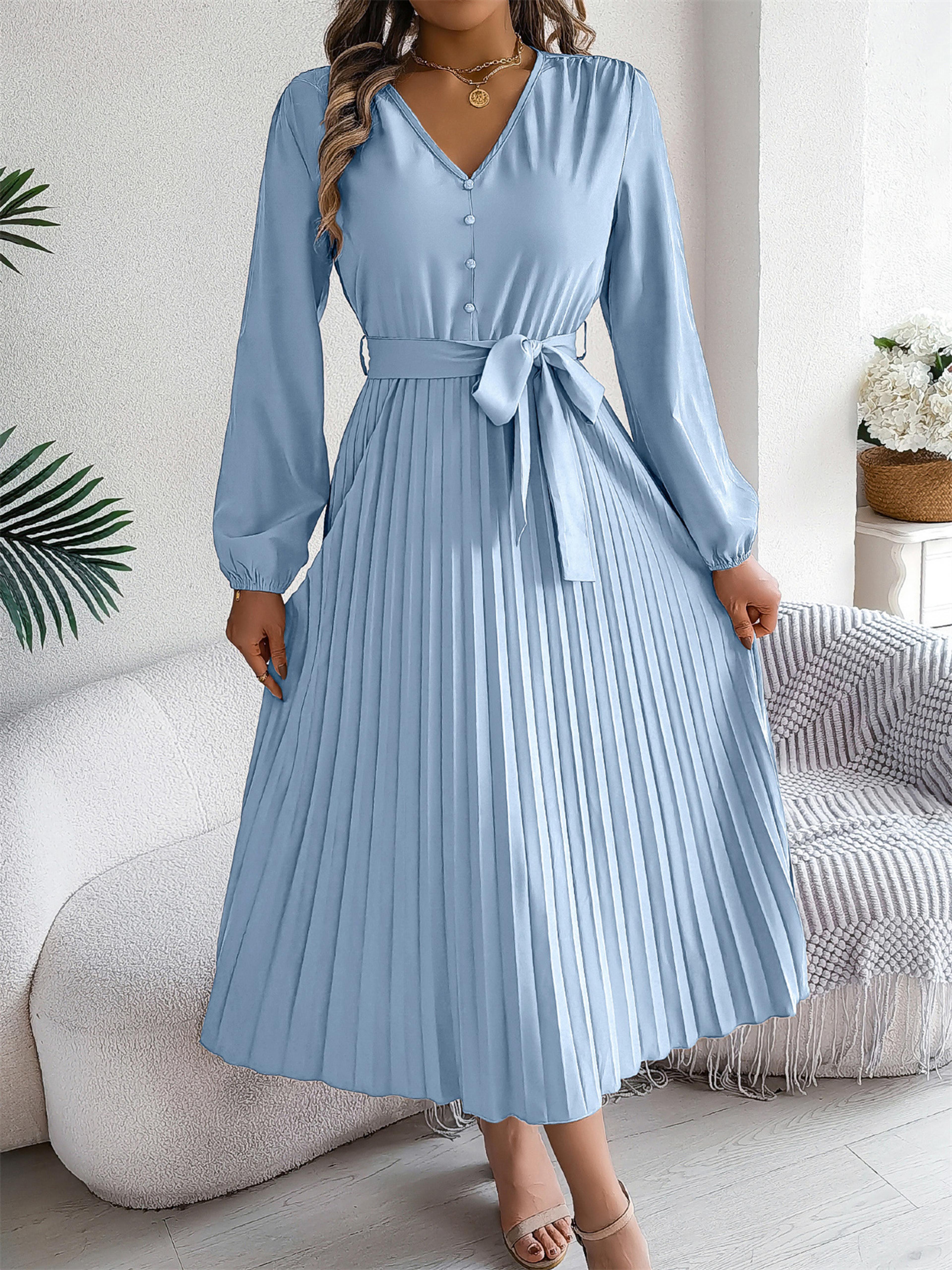 women's elegant v-neck pleated maxi dress with lantern sleeves and sash