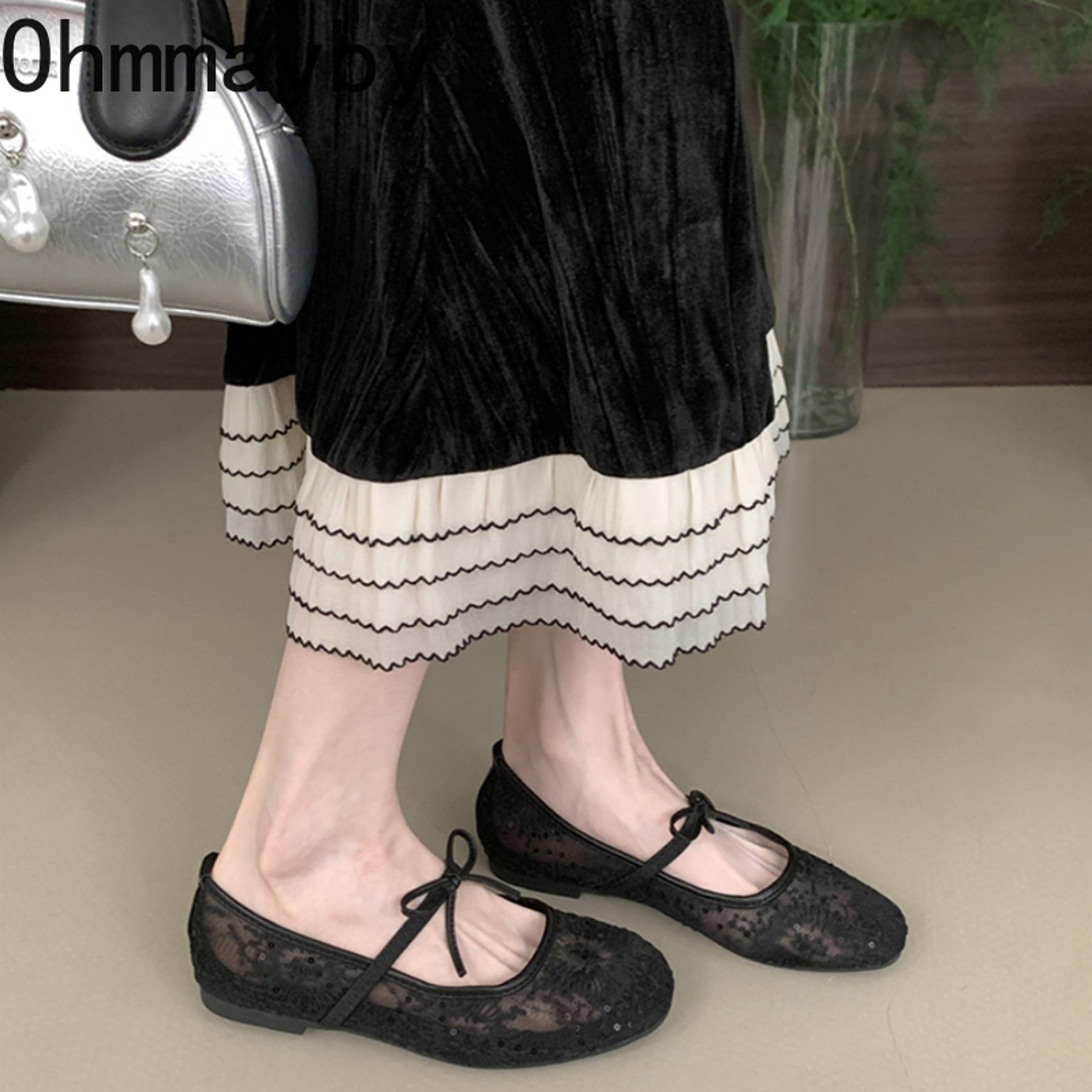 women's lace mary jane flats with butterfly bow and soft rubber sole