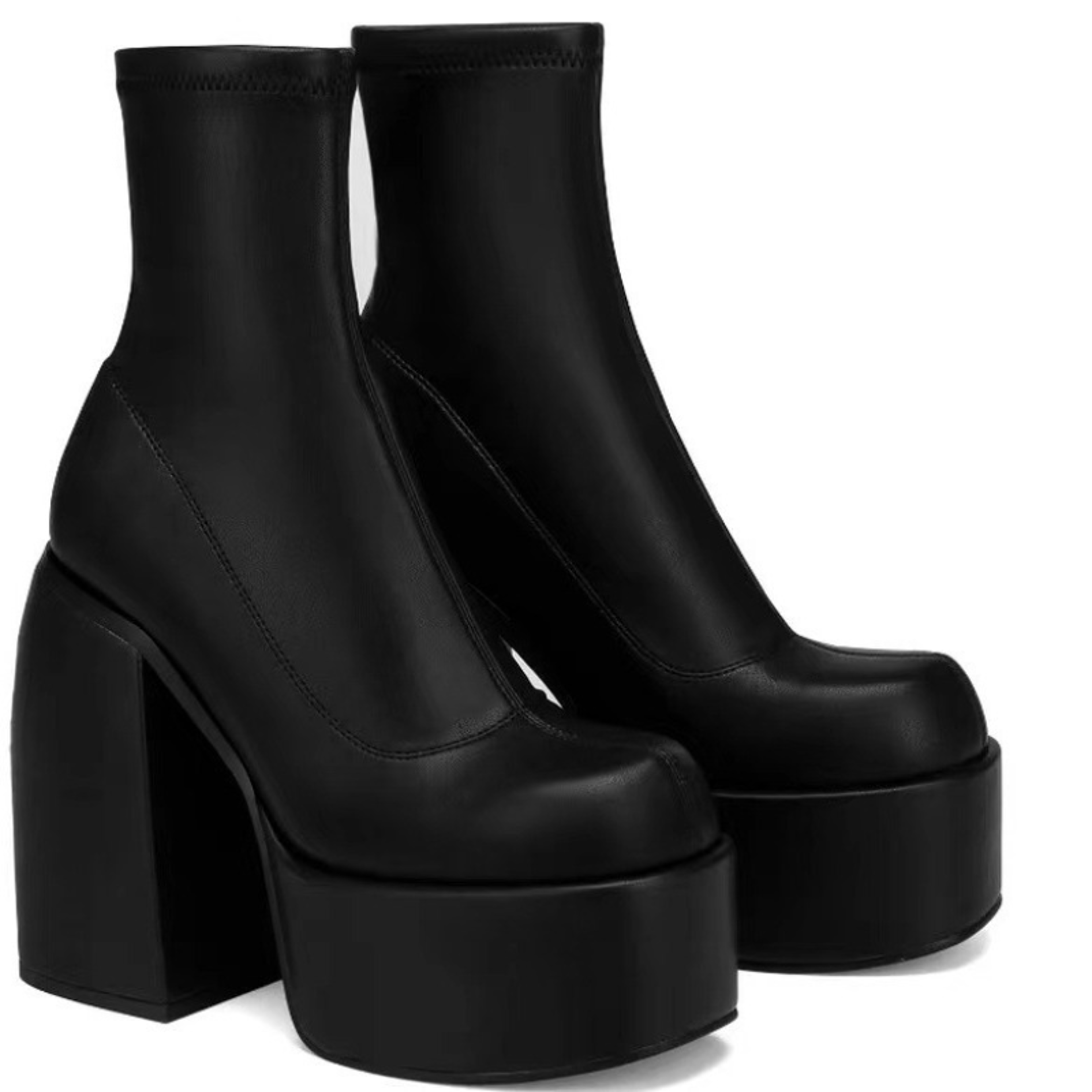 women's square toe platform boots with high block heels and slip-on design