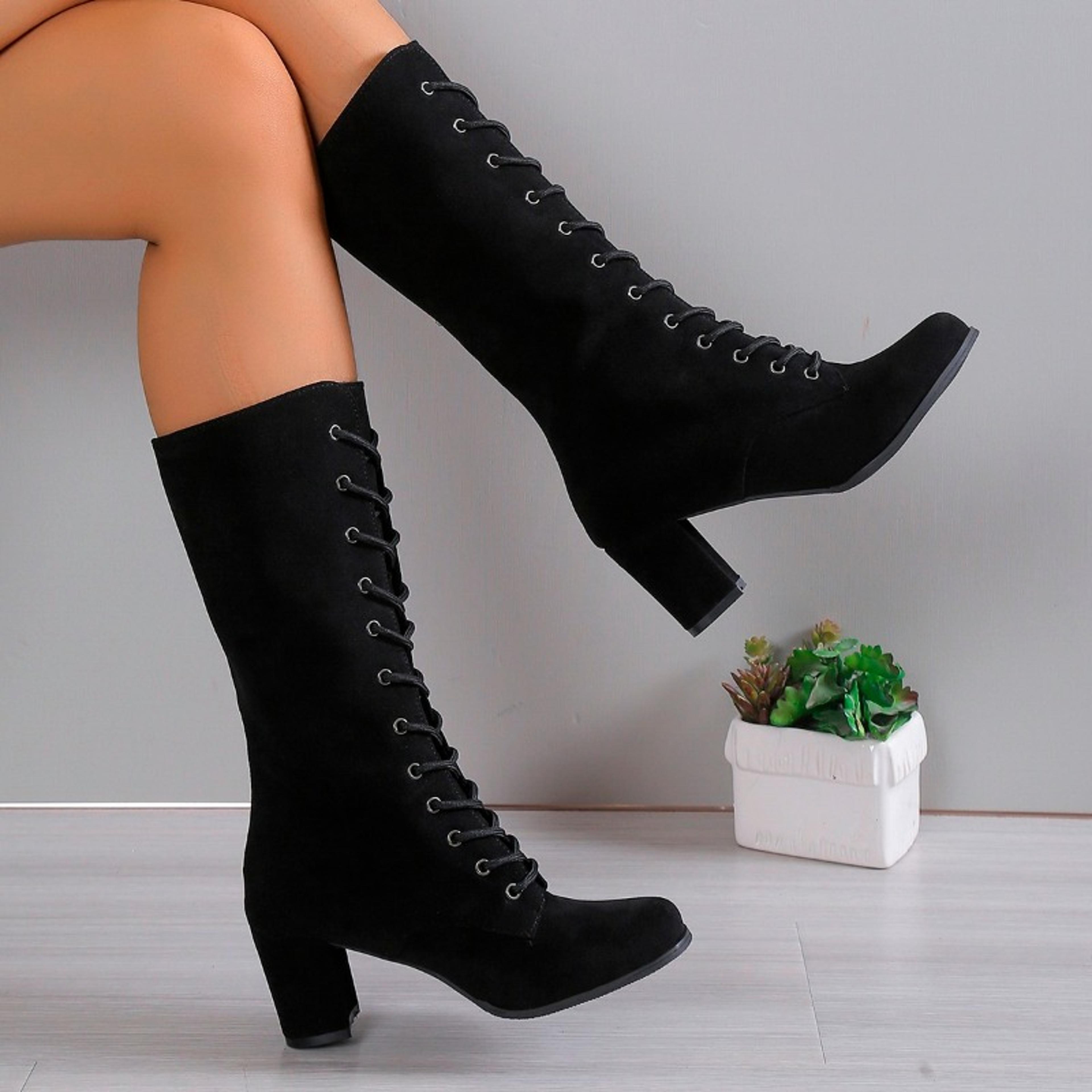 women's mid-calf suede boots with lace-up closure and square heel