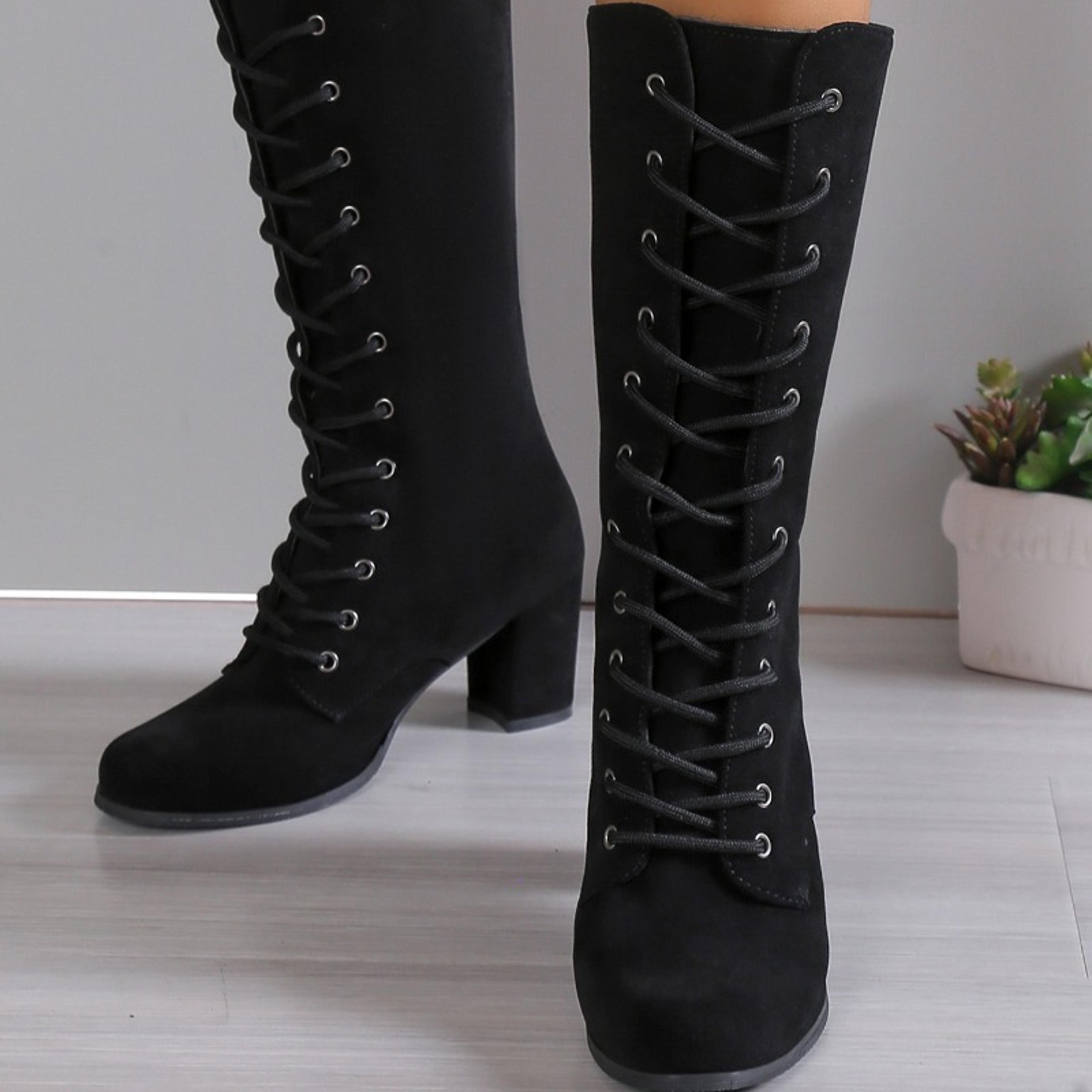 Womens MidCalf Suede Boots With LaceUp Closure And Square Heel 5