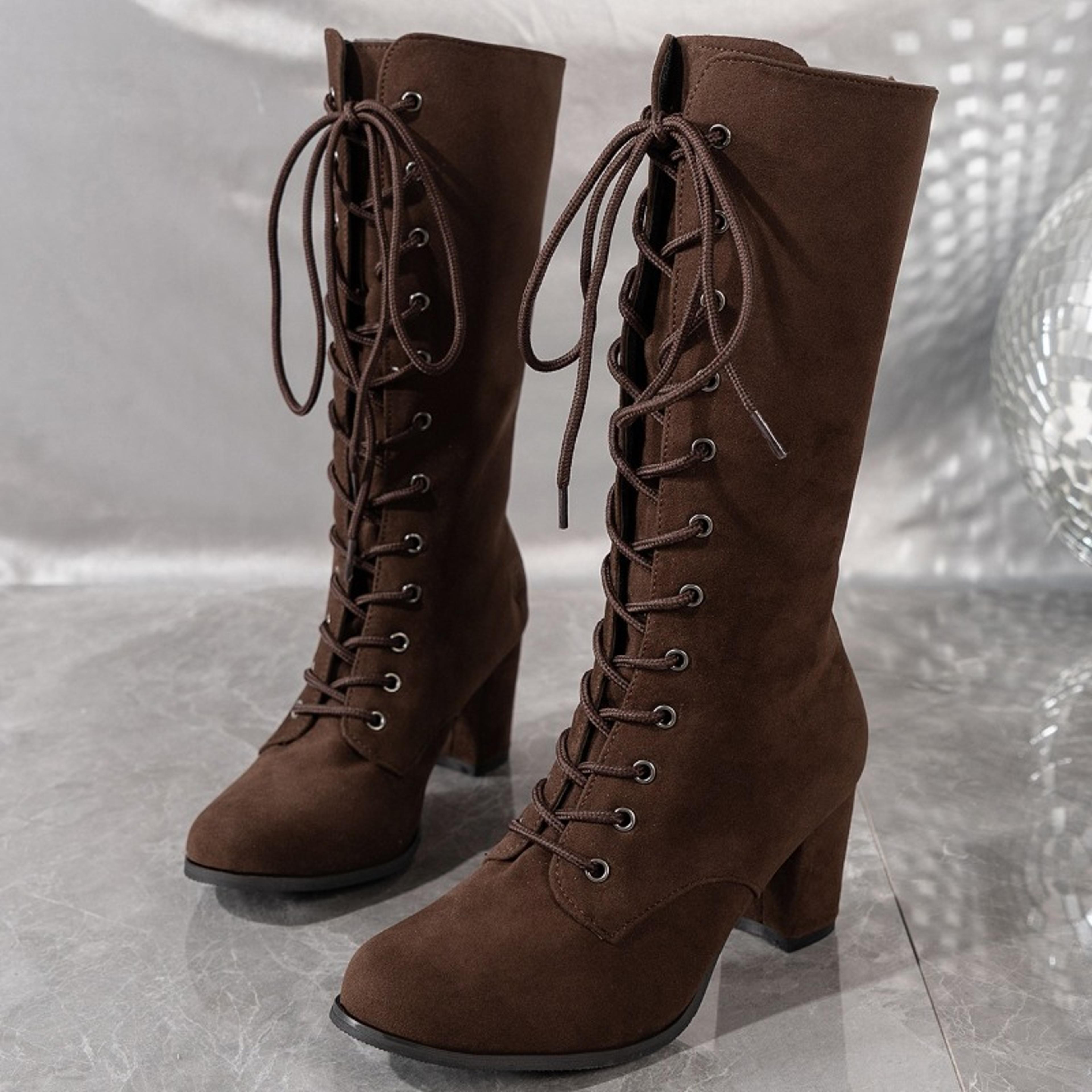 Womens MidCalf Suede Boots With LaceUp Closure And Square Heel 7