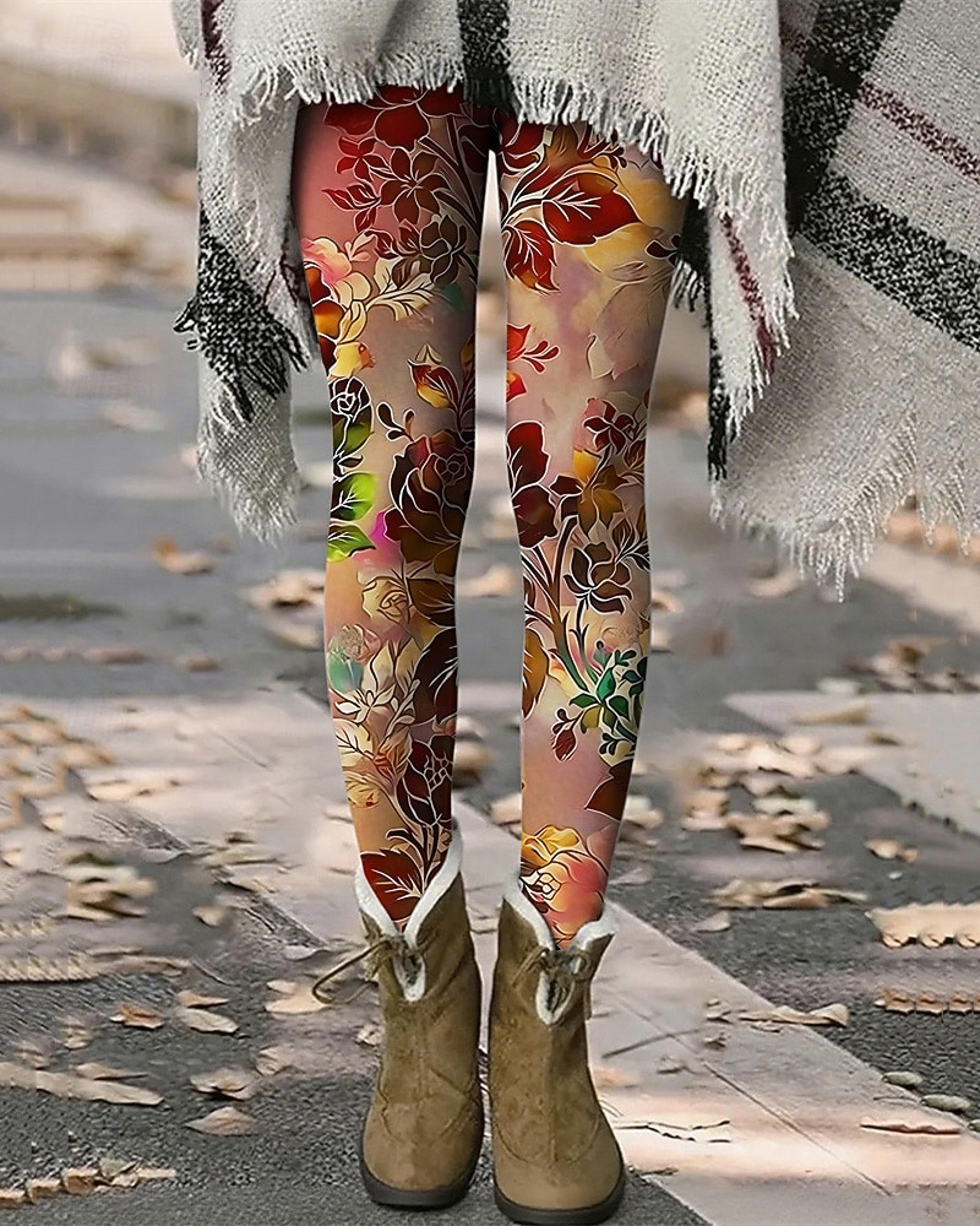 women's vintage floral print fleece leggings with stretch elastic waist
