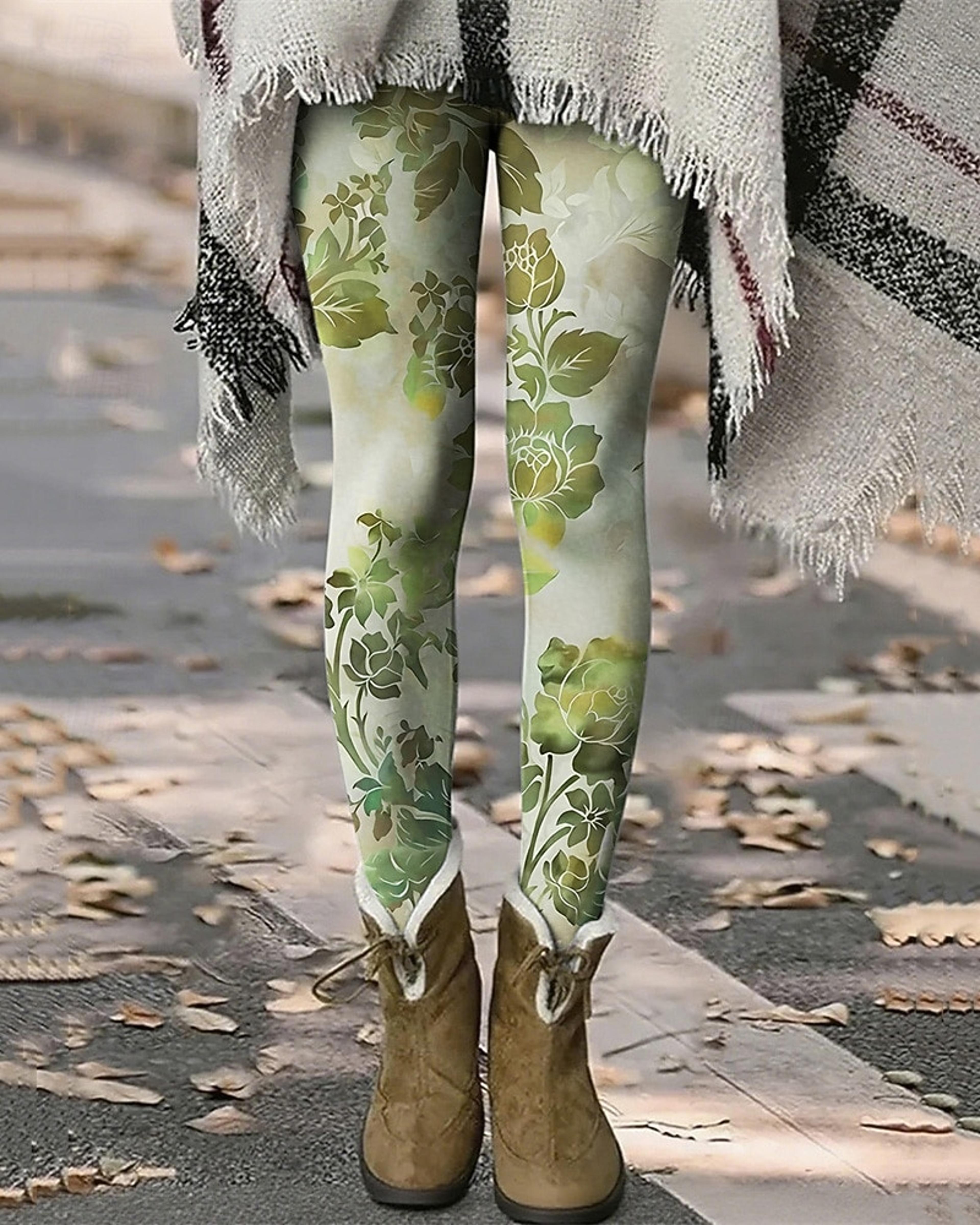 Womens Vintage Floral Print Fleece Leggings With Stretch Elastic Waist 5