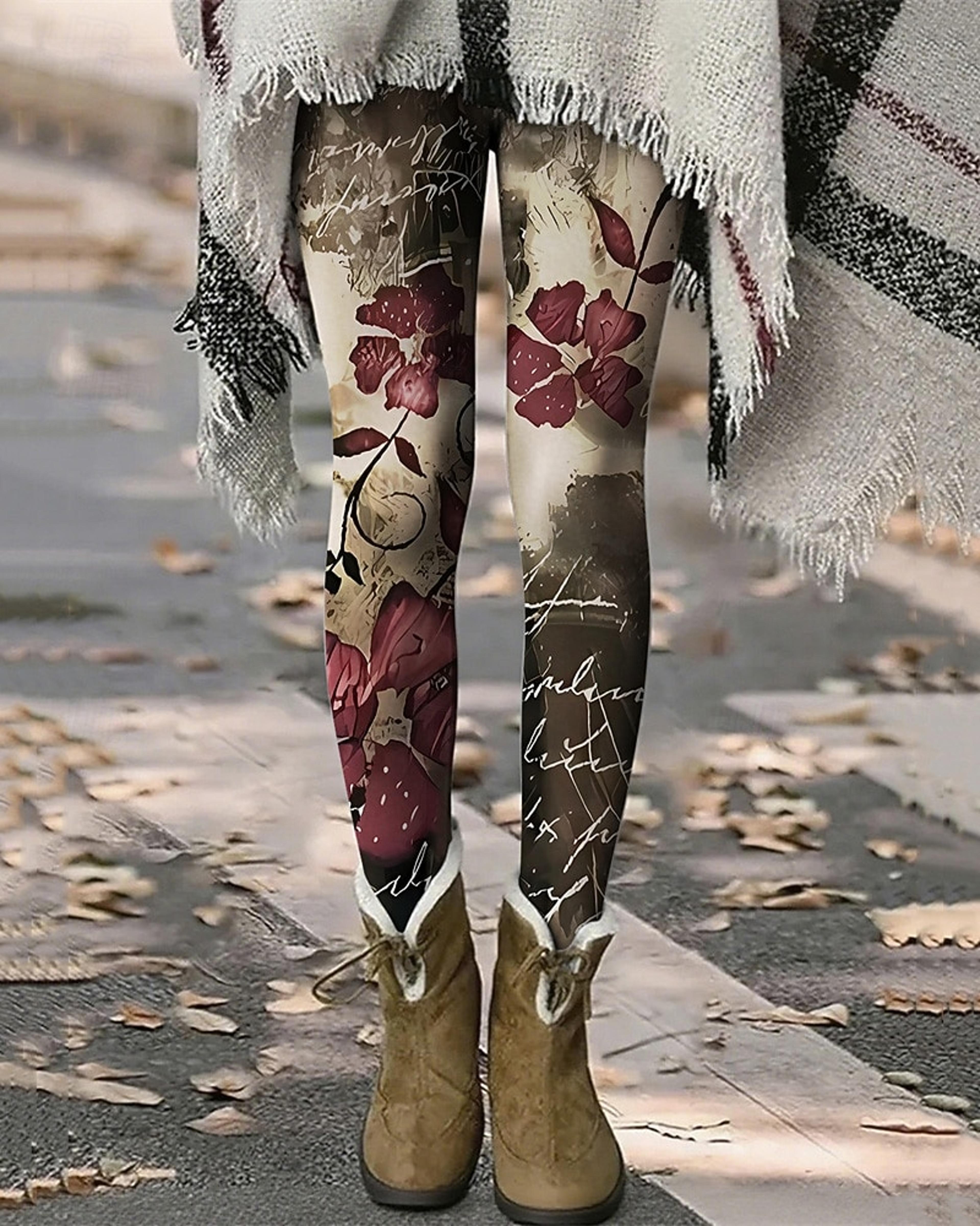 Womens Vintage Floral Print Fleece Leggings With Stretch Elastic Waist 7
