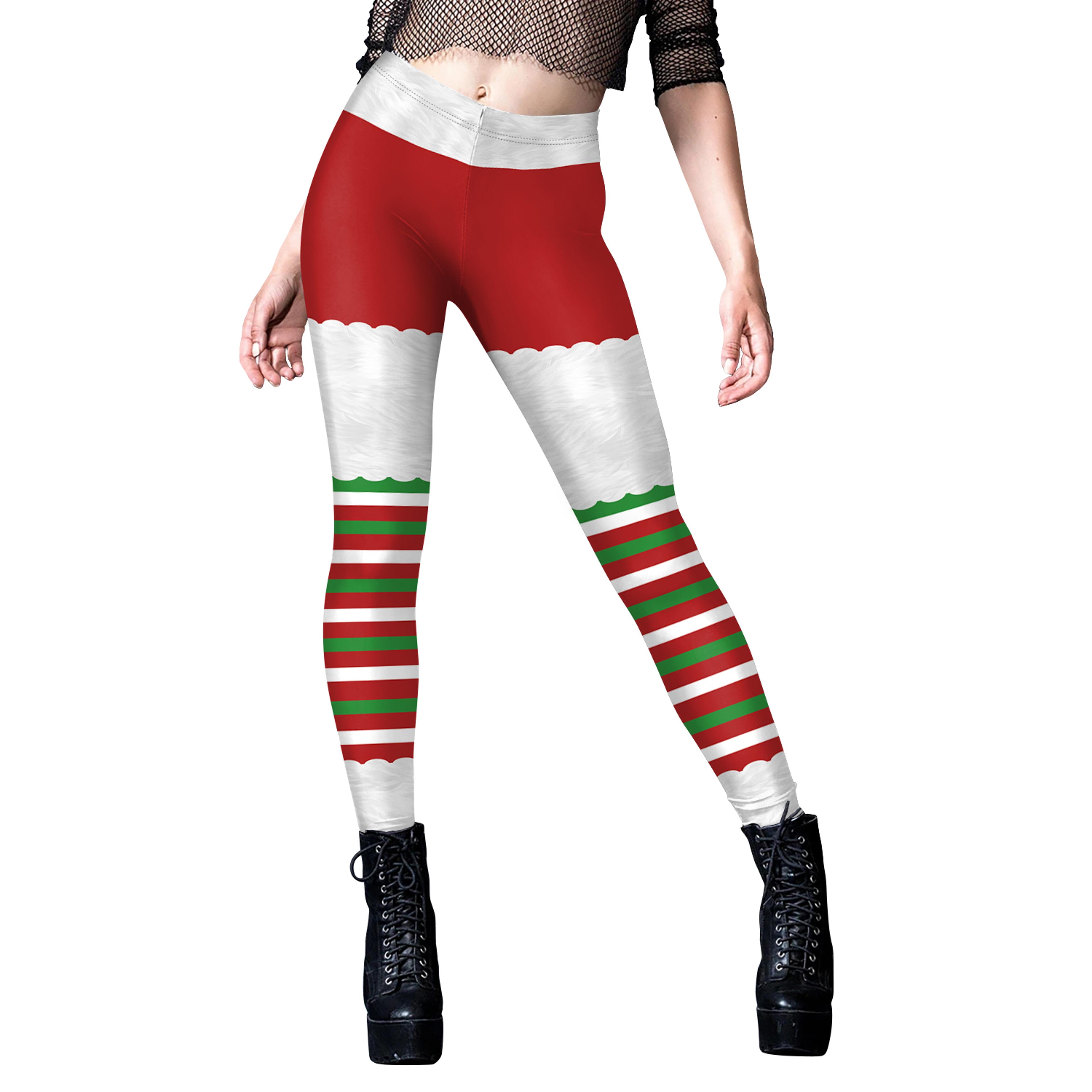 Womens Christmas Elf Leggings With Striped Snowflake Print 7