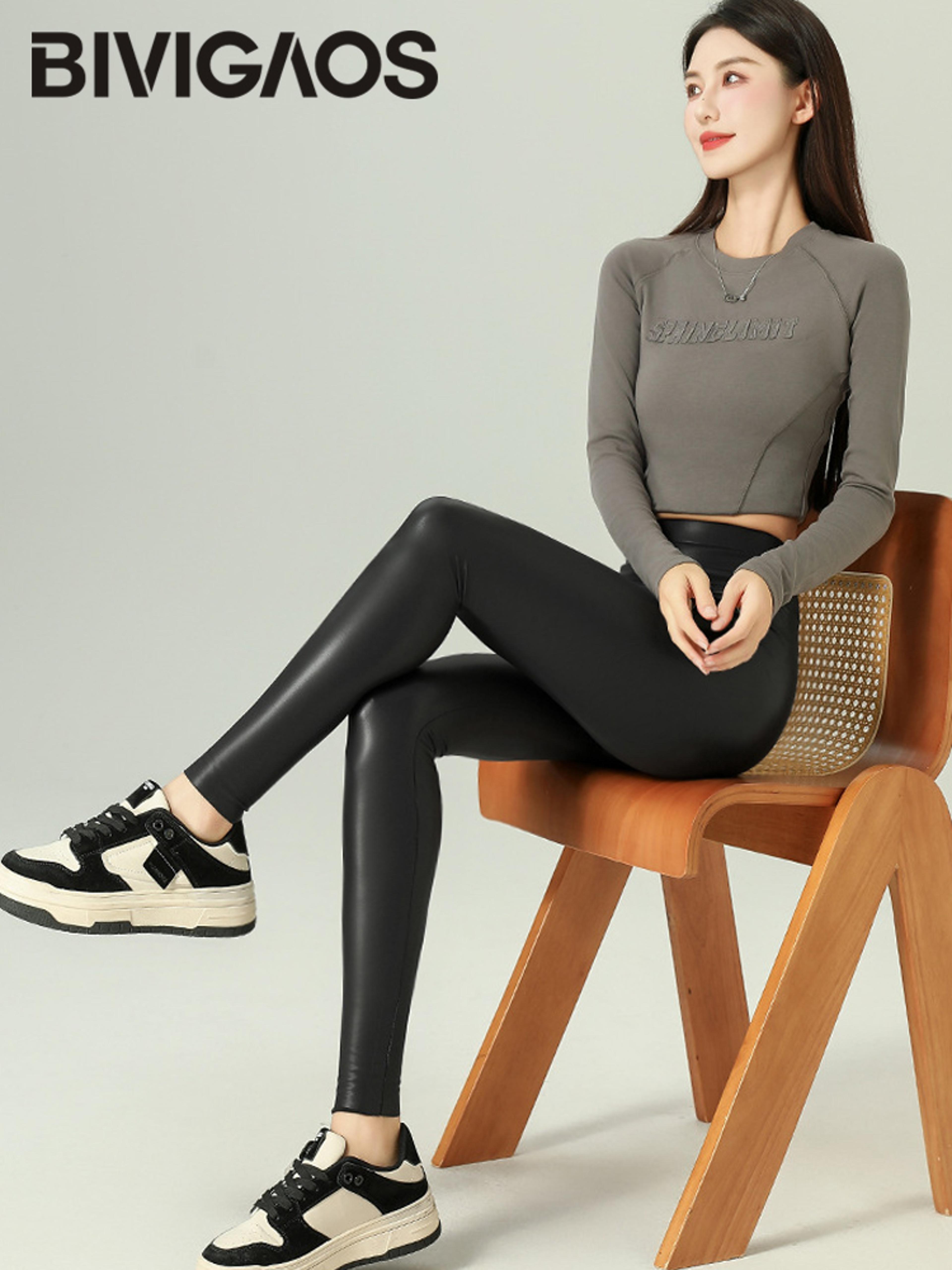 Womens High Waist Faux Leather Fleece Leggings With Stretch Fit 2