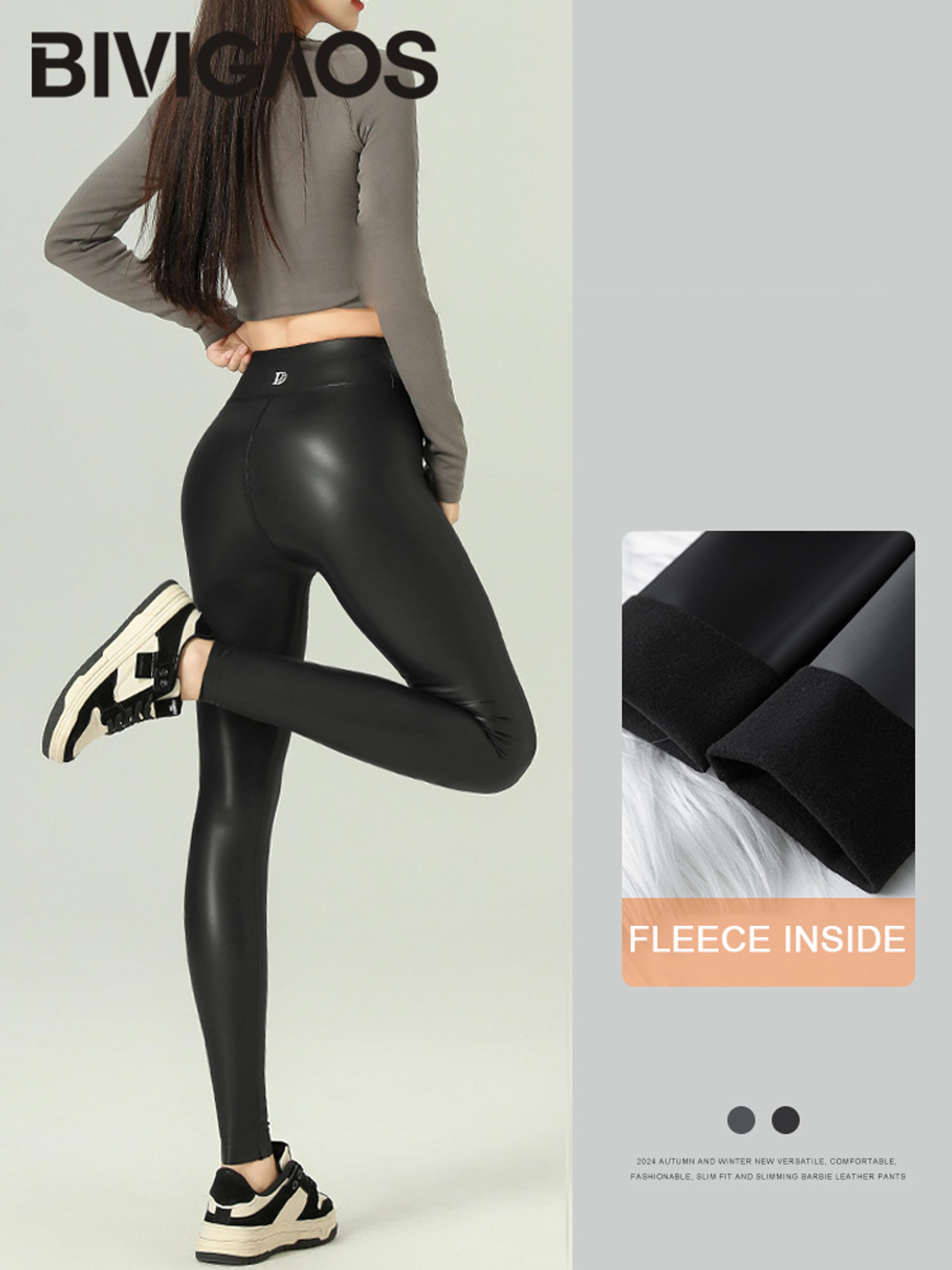 Womens High Waist Faux Leather Fleece Leggings With Stretch Fit 5