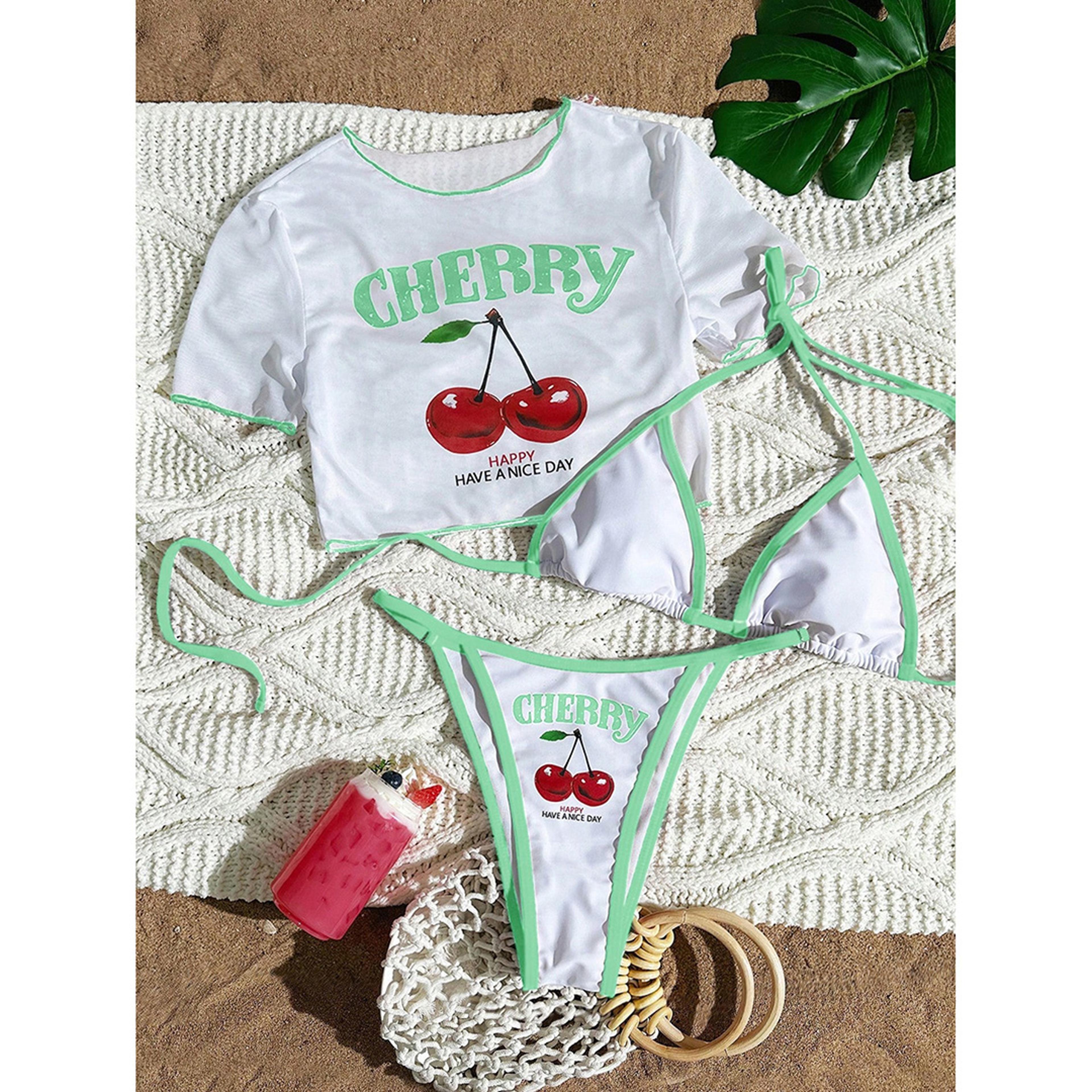 Womens ThreePiece Printed Bikini Set With Short Sleeve Swim Top 7