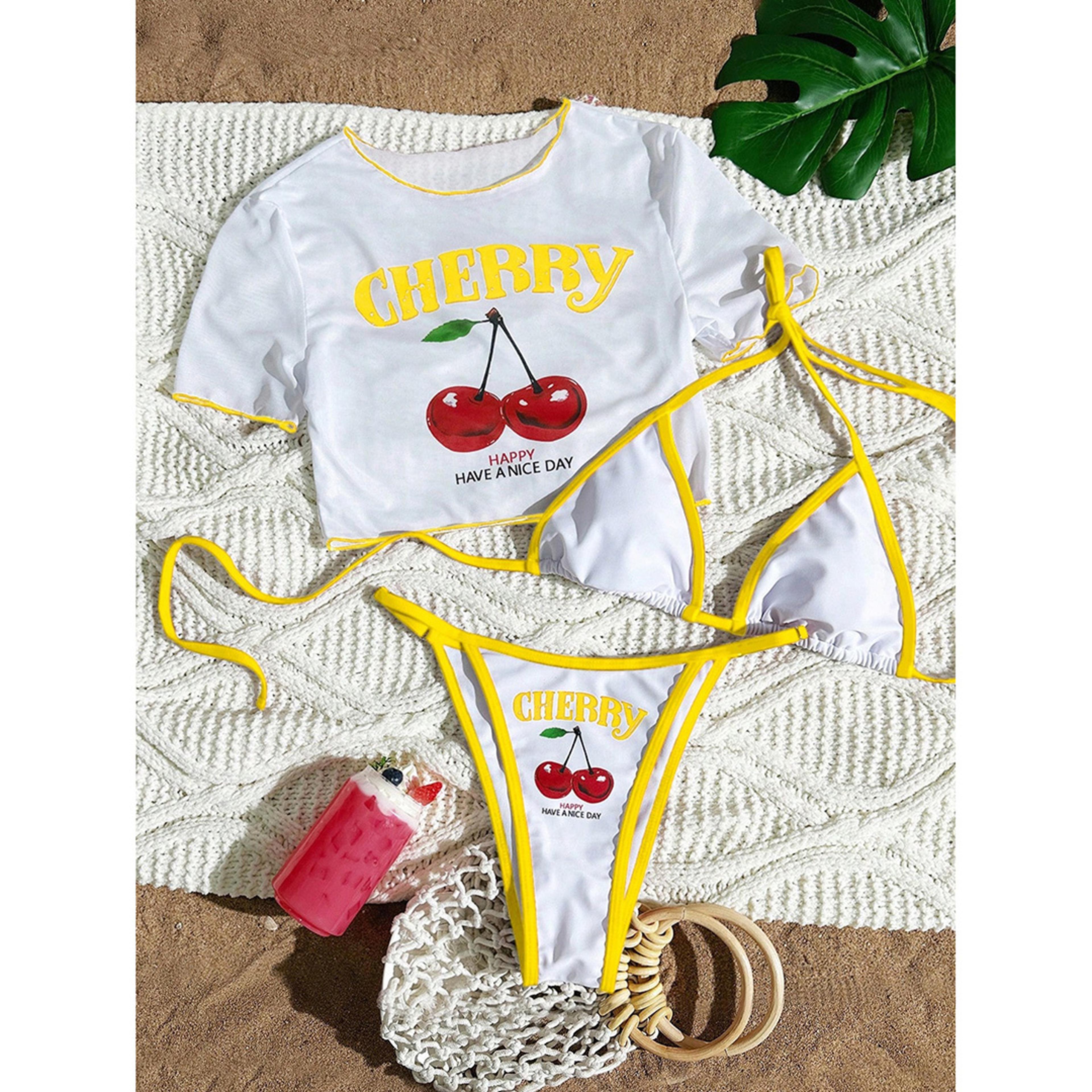 Womens ThreePiece Printed Bikini Set With Short Sleeve Swim Top 6