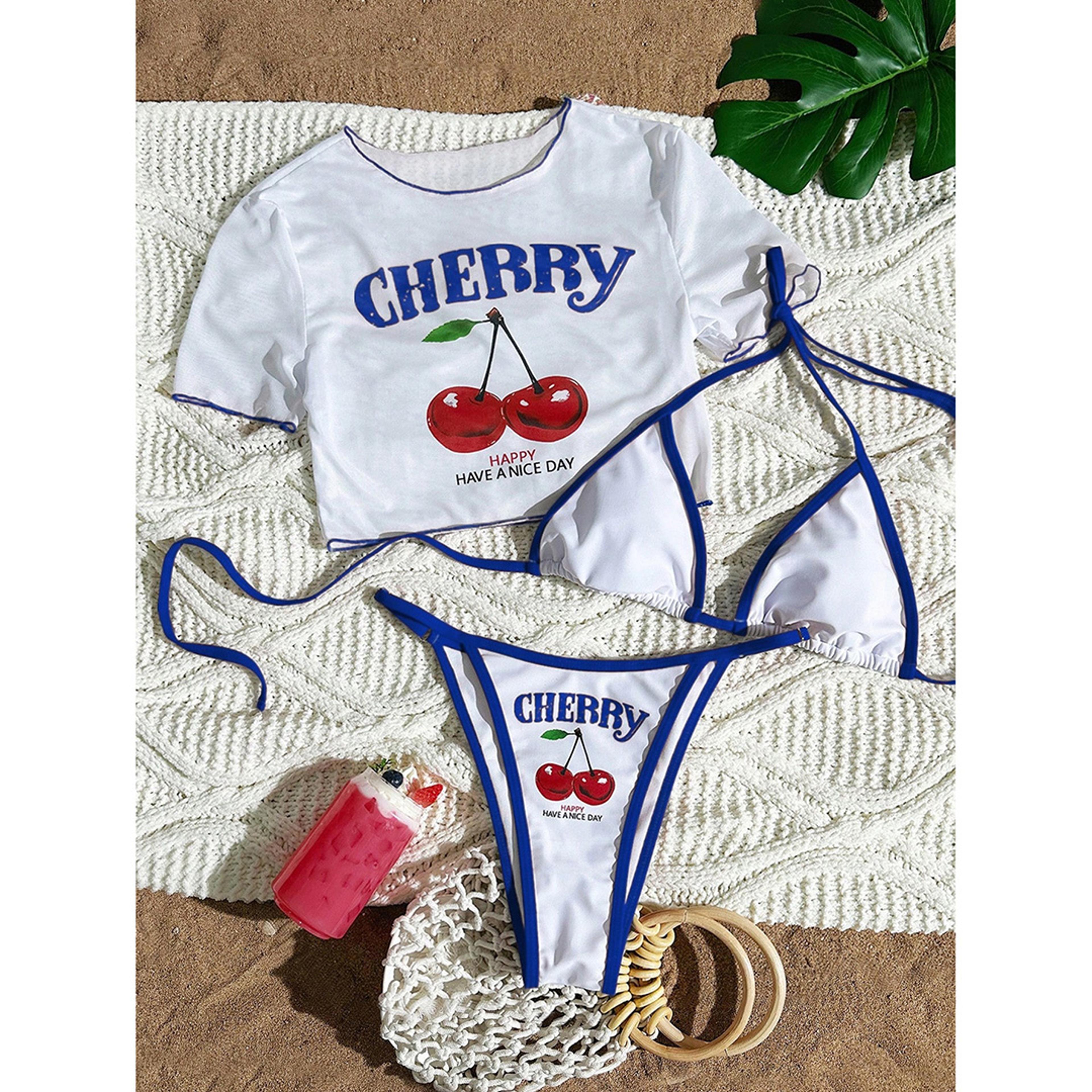 Womens ThreePiece Printed Bikini Set With Short Sleeve Swim Top 13