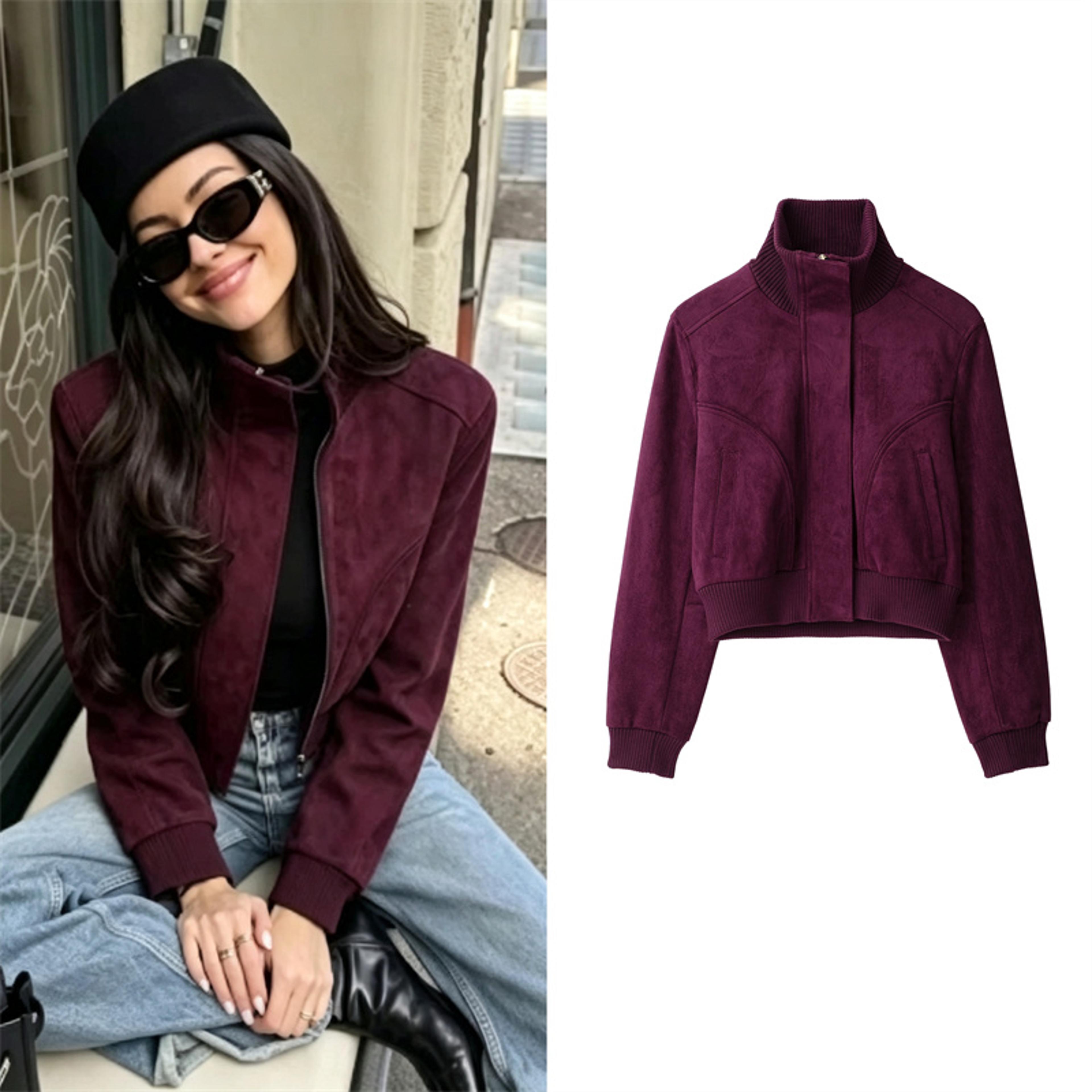 women's retro ribbed stand collar cropped jacket with zipper closure