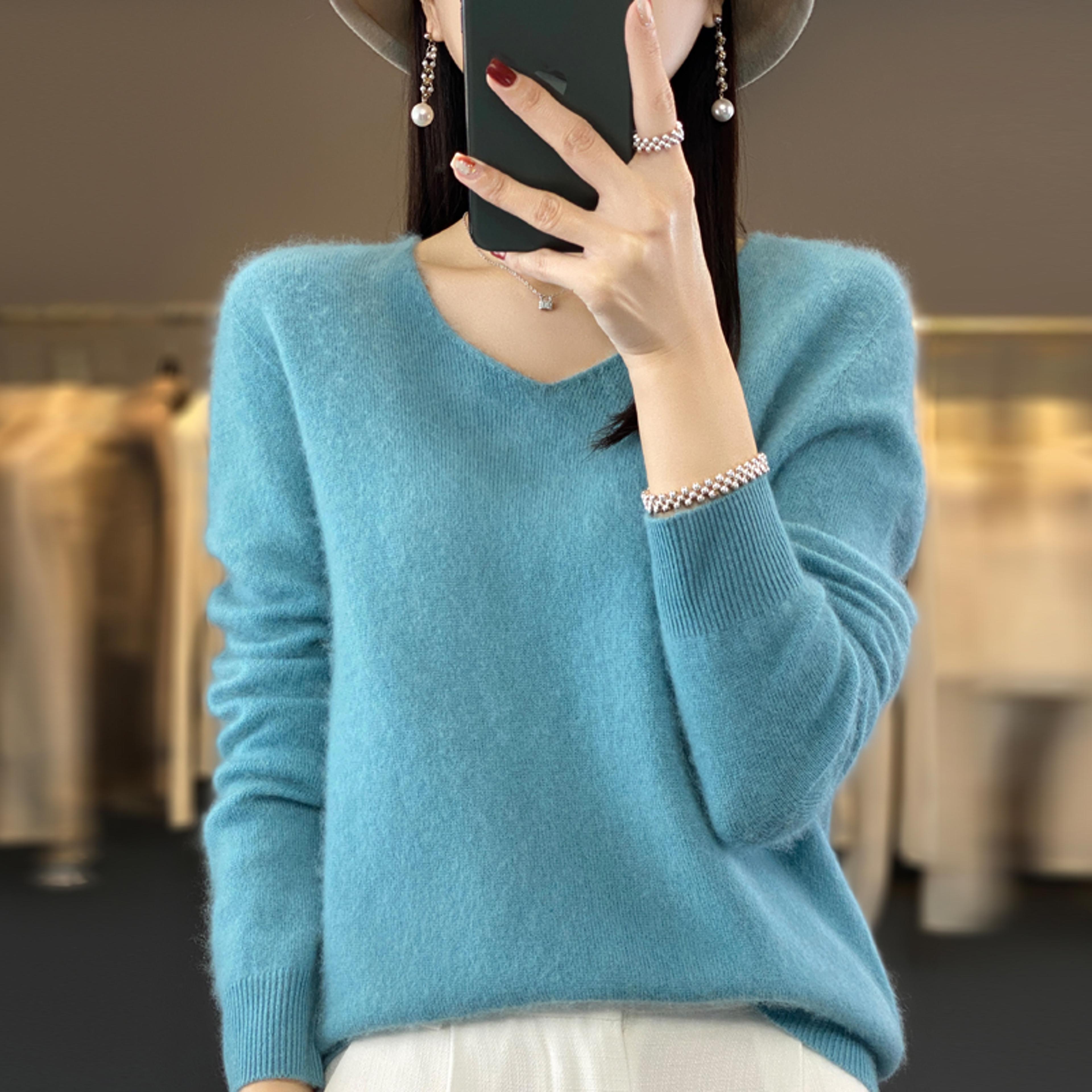 Womens 100 Wool VNeck Sweater  Long Sleeve Knit Pullover 1