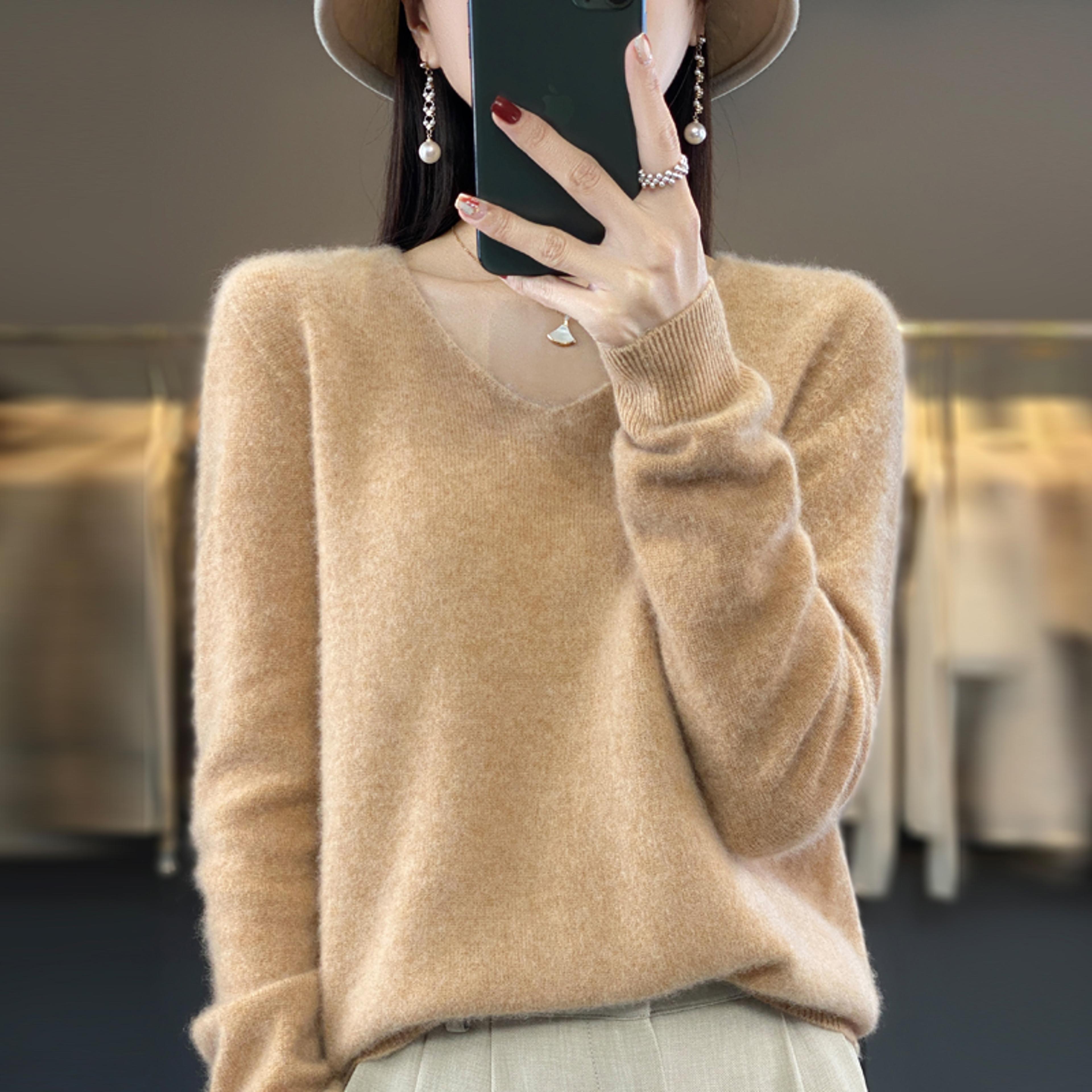 Womens 100 Wool VNeck Sweater  Long Sleeve Knit Pullover 9