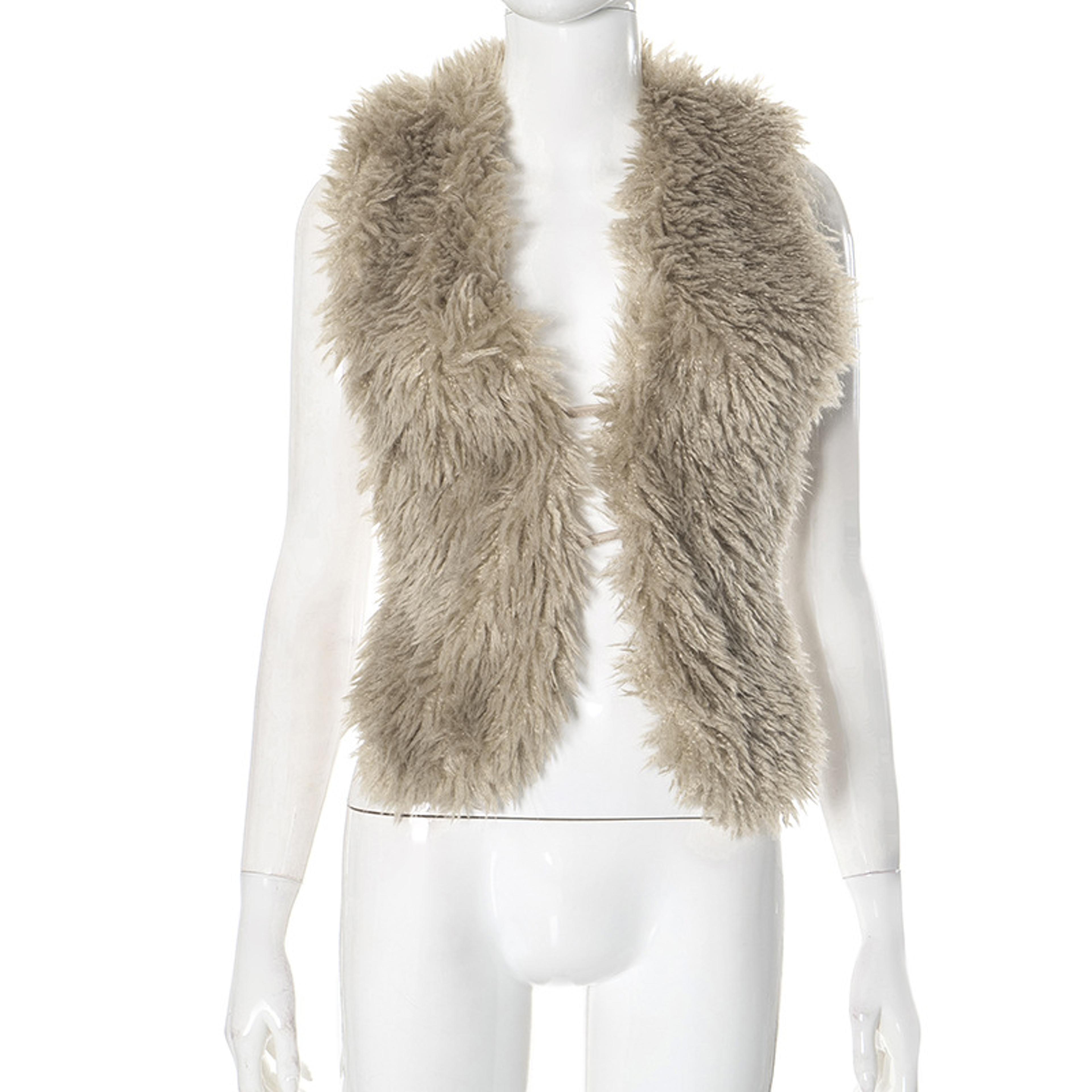 women's fluffy faux fur halter vest with deep v-neck and backless design