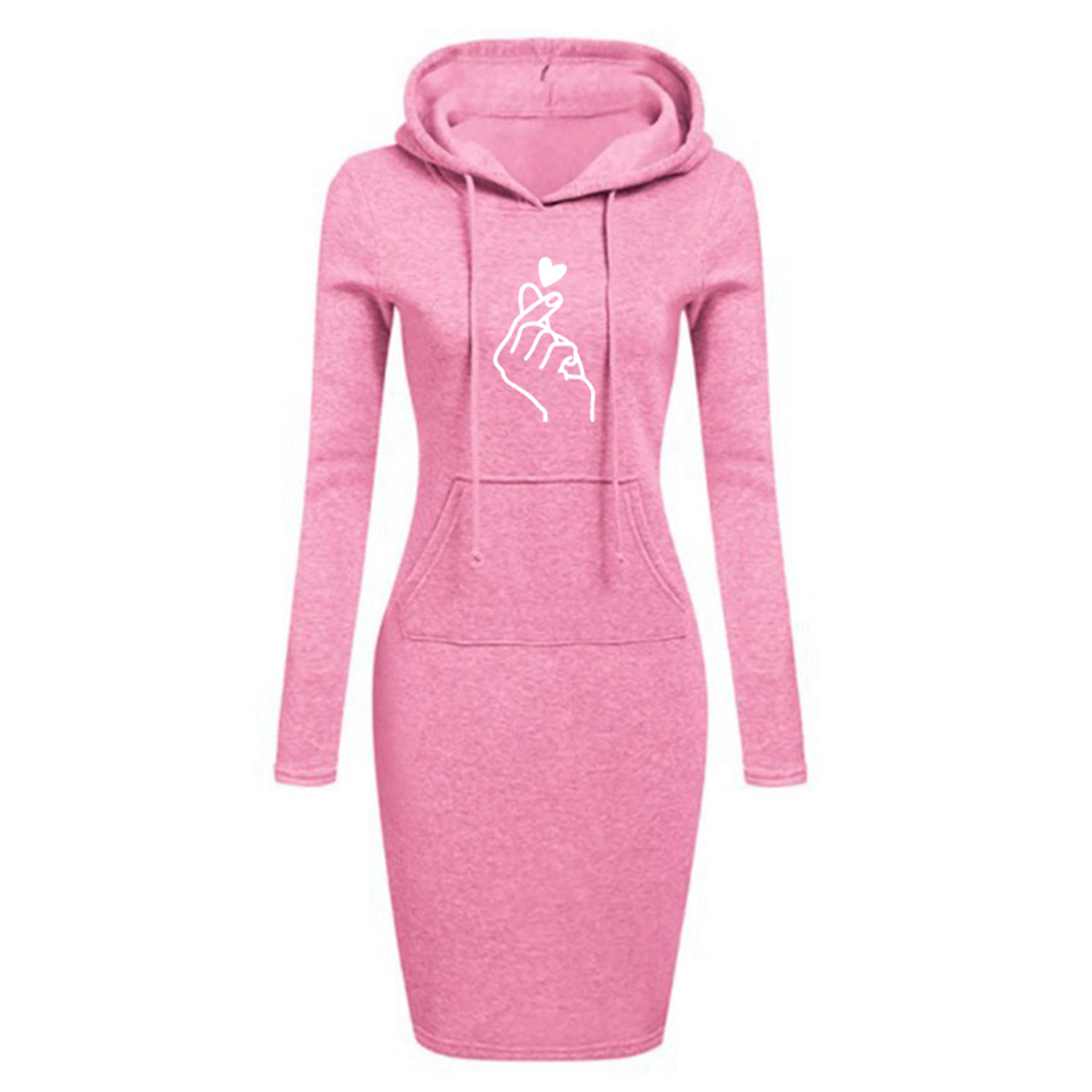 women's hooded sweatshirt dress with pockets – slim fit knee-length casual dress