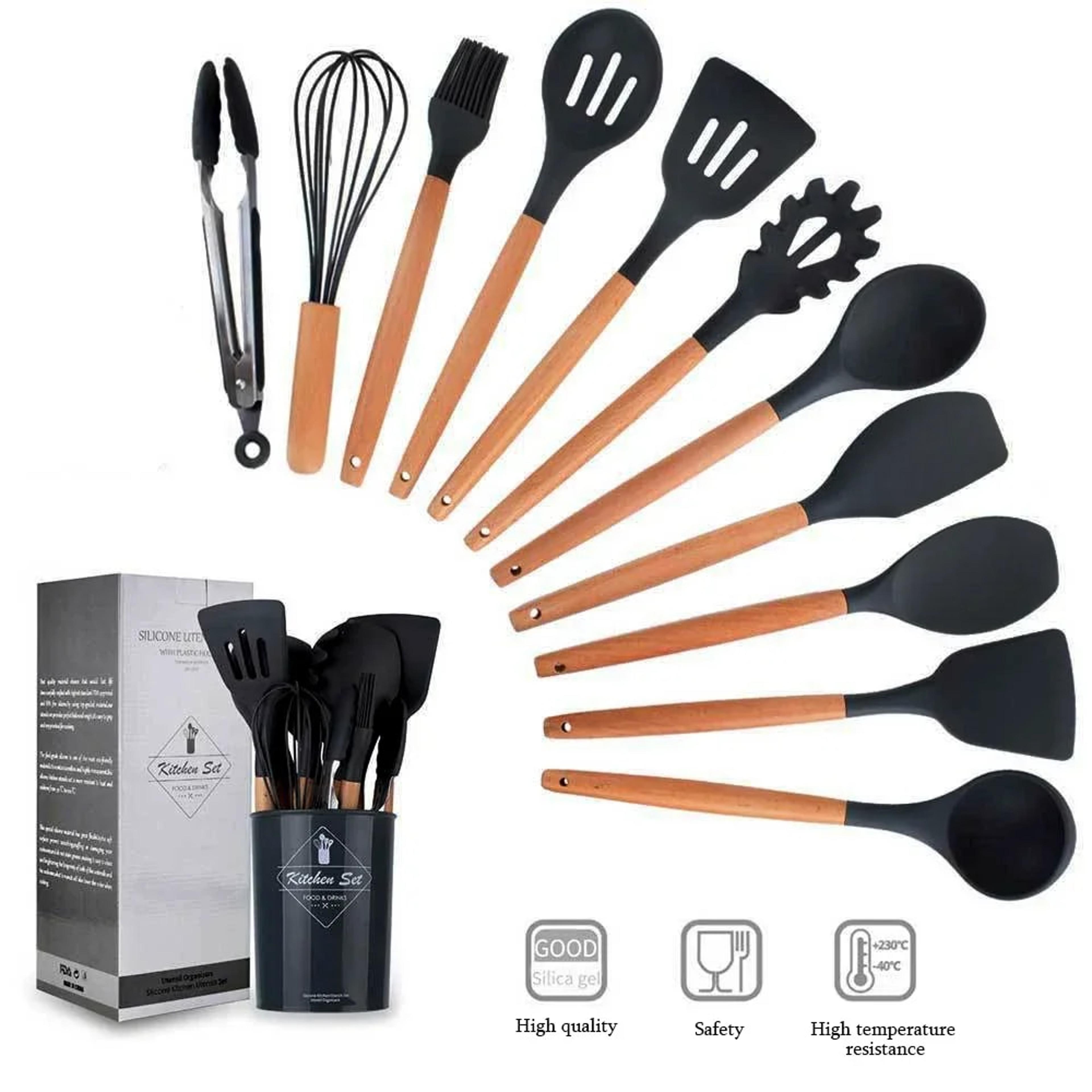 12pcs silicone kitchenware set: non-stick cookware utensils with wooden handles