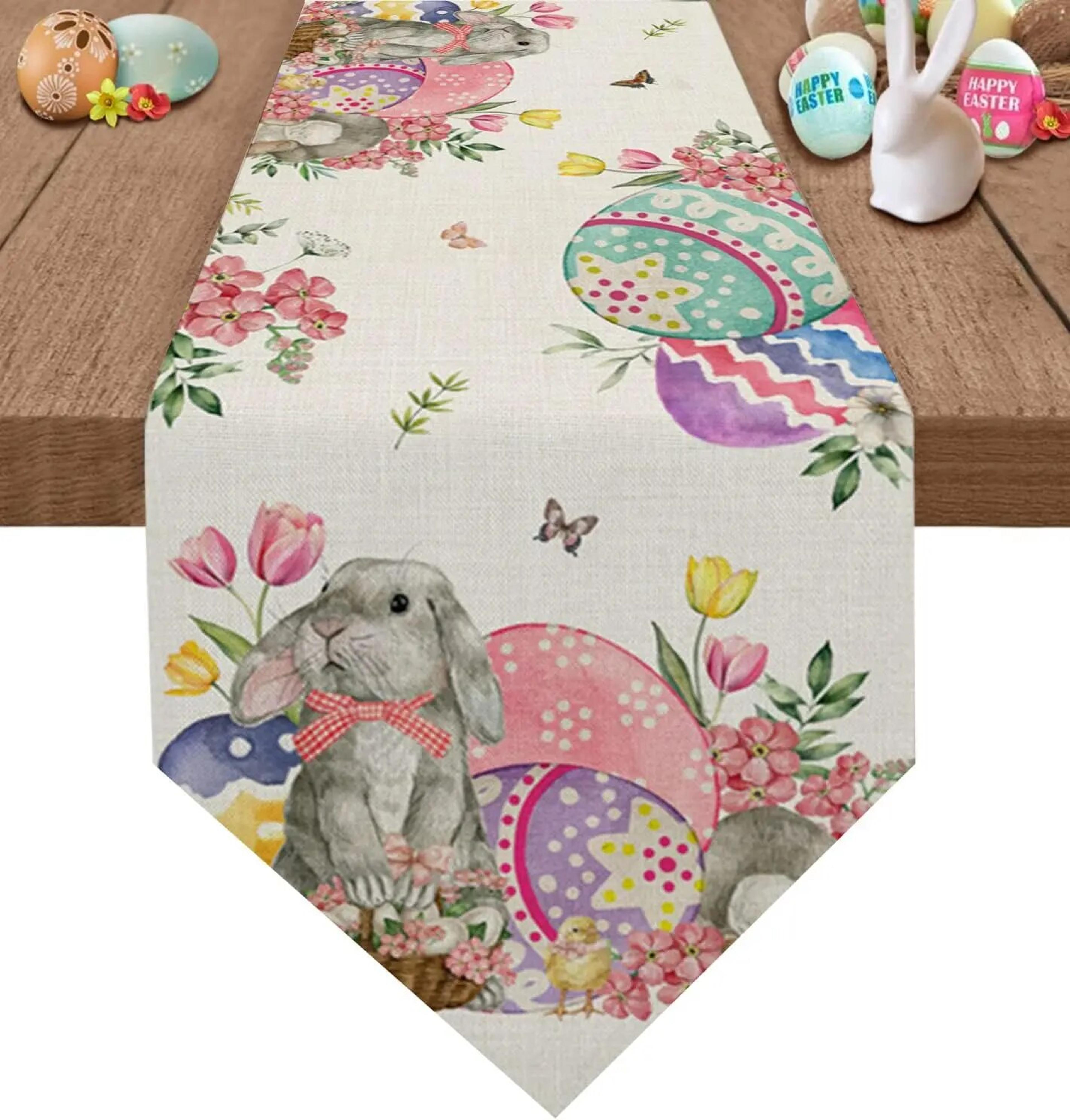 easter linen table runners: bunny, eggs, flower, tulip - washable decor for kitchen, dining, coffee tables