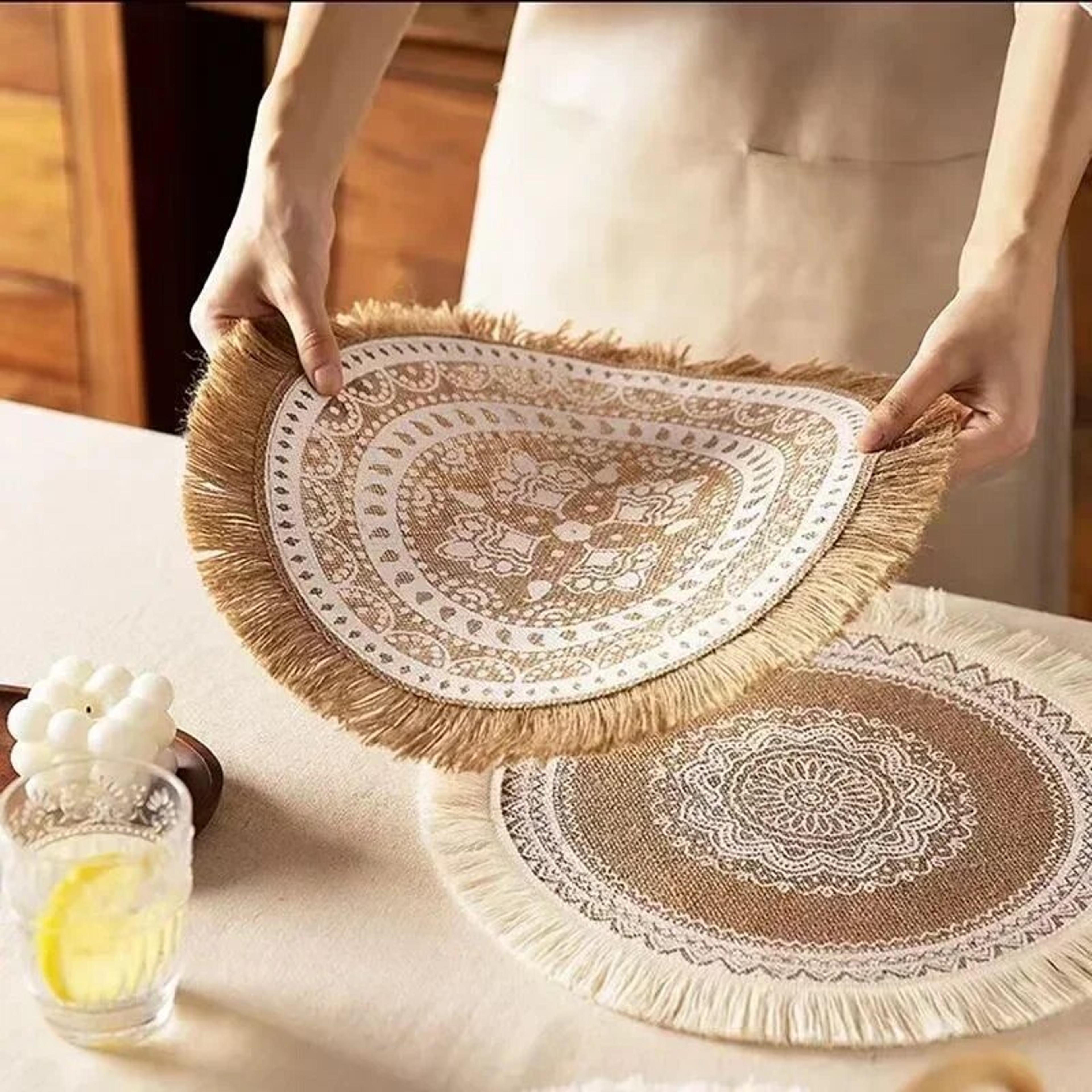 boho round placemat 15 inch: farmhouse woven jute fringe tablemats with pompom tassel - dining room ins table decor