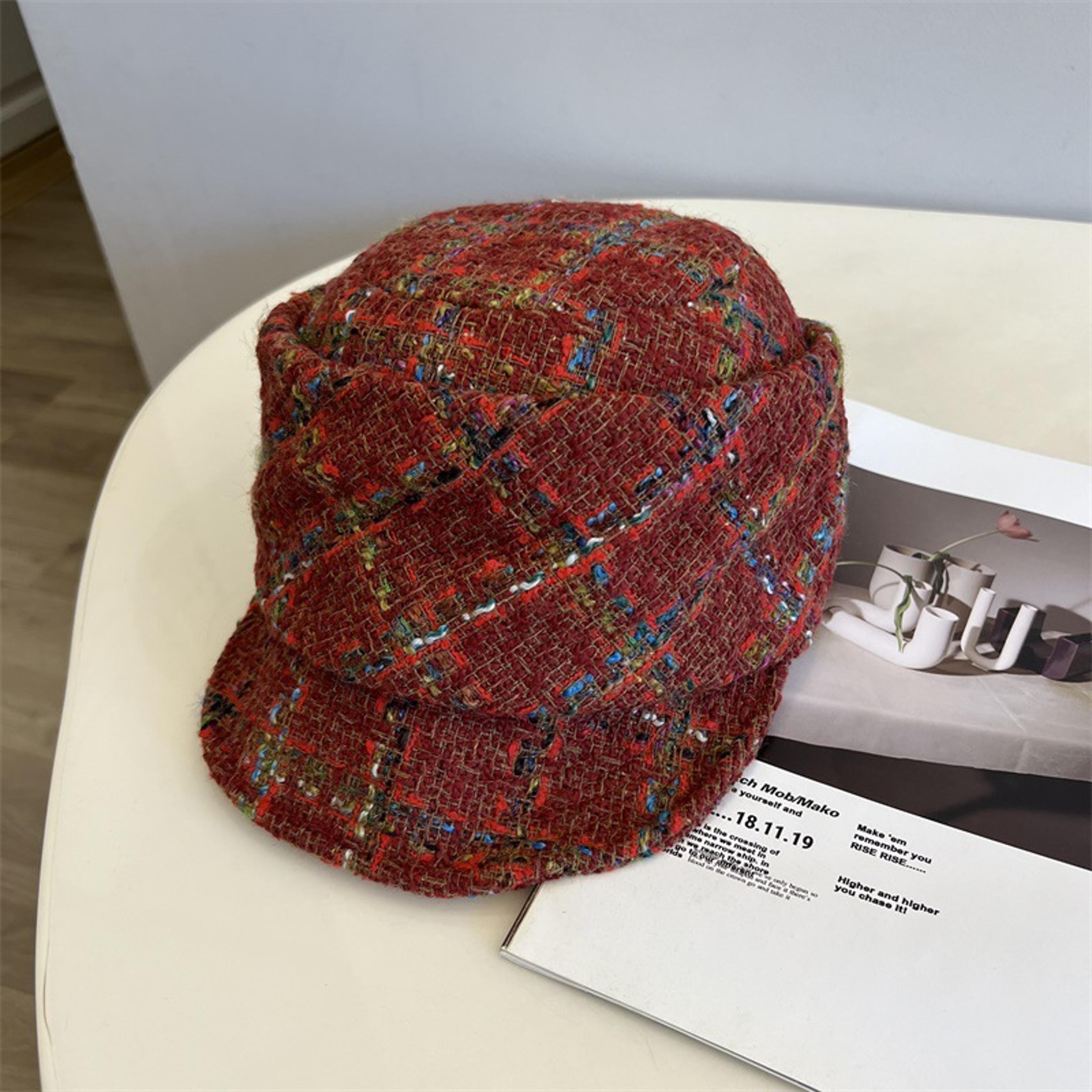 French Tweed Beret Hat Women Winter Warm Literary Style Equestrian Cap 1